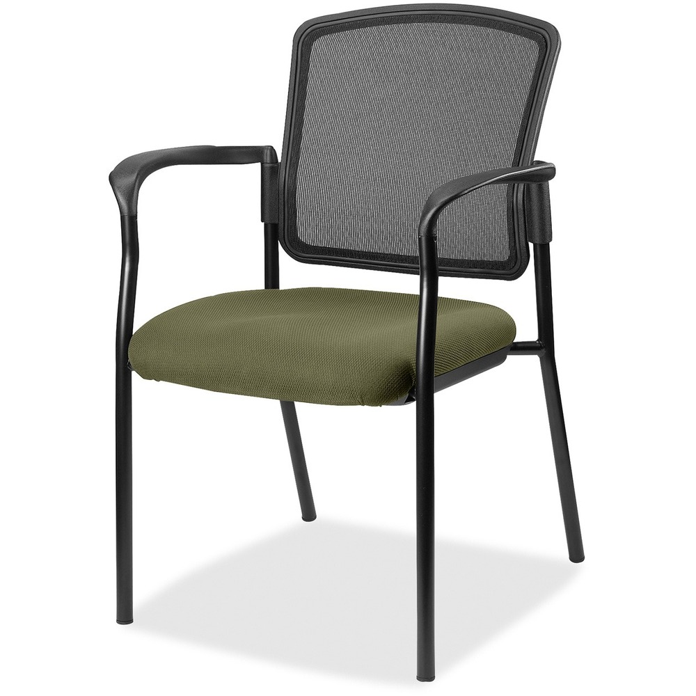 LLR2310034 - Inviting guest chair features a breathable mesh back and cushioned seat upholstered for comfortable seating in your waiting room or office. Chair is stackable up to four high for convenient, short-term or long-term storage. Black steel frame is powder-coated for durability. Weight capacity is 275 lb. The 3.5" thick seat measures 18.1" wide x 18.9" deep x 18.9" high. Back size 17.9" wide x 2" thick x 16.9" high. Chair is Greenguard compliant.