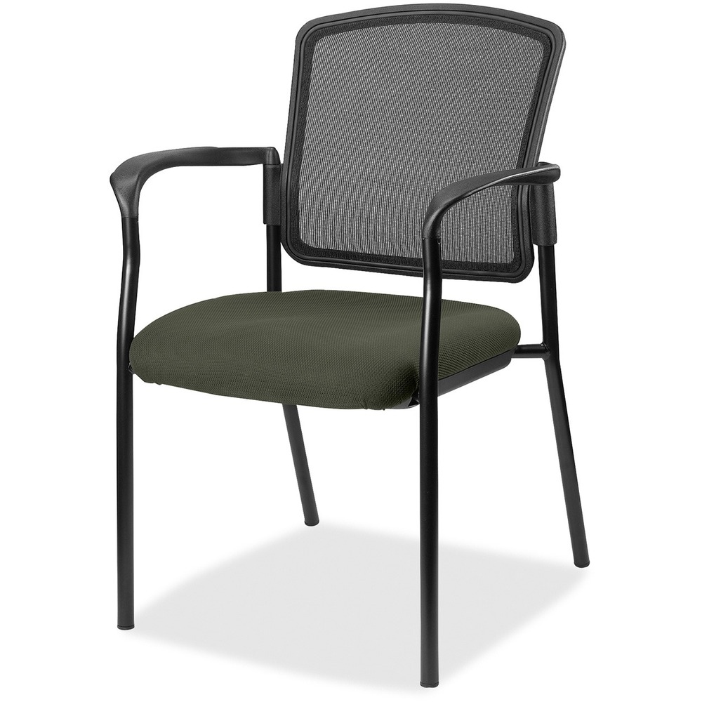 LLR2310067 - Inviting guest chair features a breathable mesh back and cushioned seat upholstered for comfortable seating in your waiting room or office. Chair is stackable up to four high for convenient, short-term or long-term storage. Black steel frame is powder-coated for durability. Weight capacity is 275 lb. The 3.5" thick seat measures 18.1" wide x 18.9" deep x 18.9" high. Back size 17.9" wide x 2" thick x 16.9" high. Chair is Greenguard compliant.