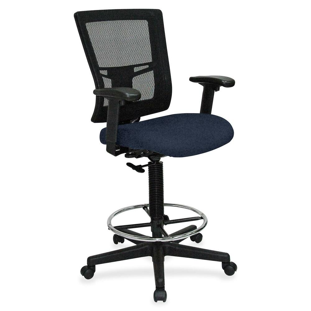LLR4310043 - Drafting stool offers a breathable mesh back and upholstered, cushioned seat to enhance your comfort. Padded arms adjust in height and width for a position that suits your needs. Rest your feet on the chrome footring. Functions include pneumatic seat-height adjustment, ratchet back-height adjustment and 360-degree swivel. Black, five-star nylon base is equipped with smooth-rolling casters for easy mobility. Weight capacity is 275 lb. Mid-back chair meets or exceeds BIFMA standards.