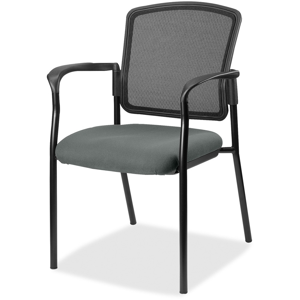 LLR2310032 - Inviting guest chair features a breathable mesh back and cushioned seat upholstered for comfortable seating in your waiting room or office. Chair is stackable up to four high for convenient, short-term or long-term storage. Black steel frame is powder-coated for durability. Weight capacity is 275 lb. The 3.5" thick seat measures 18.1" wide x 18.9" deep x 18.9" high. Back size 17.9" wide x 2" thick x 16.9" high. Chair is Greenguard compliant.