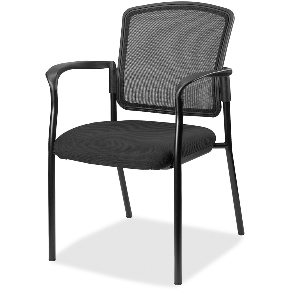 LLR2310035 - Inviting guest chair features a breathable mesh back and cushioned seat upholstered for comfortable seating in your waiting room or office. Chair is stackable up to four high for convenient, short-term or long-term storage. Black steel frame is powder-coated for durability. Weight capacity is 275 lb. The 3.5" thick seat measures 18.1" wide x 18.9" deep x 18.9" high. Back size 17.9" wide x 2" thick x 16.9" high. Chair is Greenguard compliant.