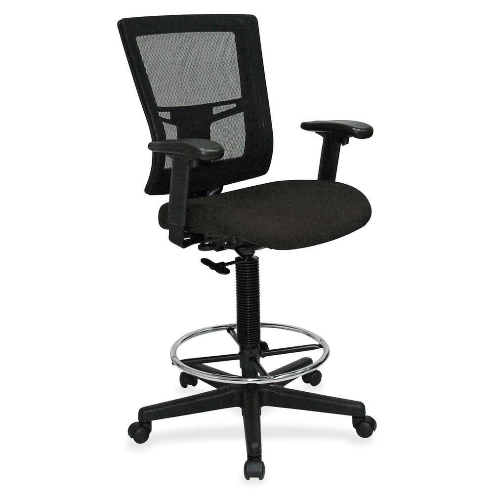 LLR4310063 - Drafting stool offers a breathable mesh back and upholstered, cushioned seat to enhance your comfort. Padded arms adjust in height and width for a position that suits your needs. Rest your feet on the chrome footring. Functions include pneumatic seat-height adjustment, ratchet back-height adjustment and 360-degree swivel. Black, five-star nylon base is equipped with smooth-rolling casters for easy mobility. Weight capacity is 275 lb. Mid-back chair meets or exceeds BIFMA standards.