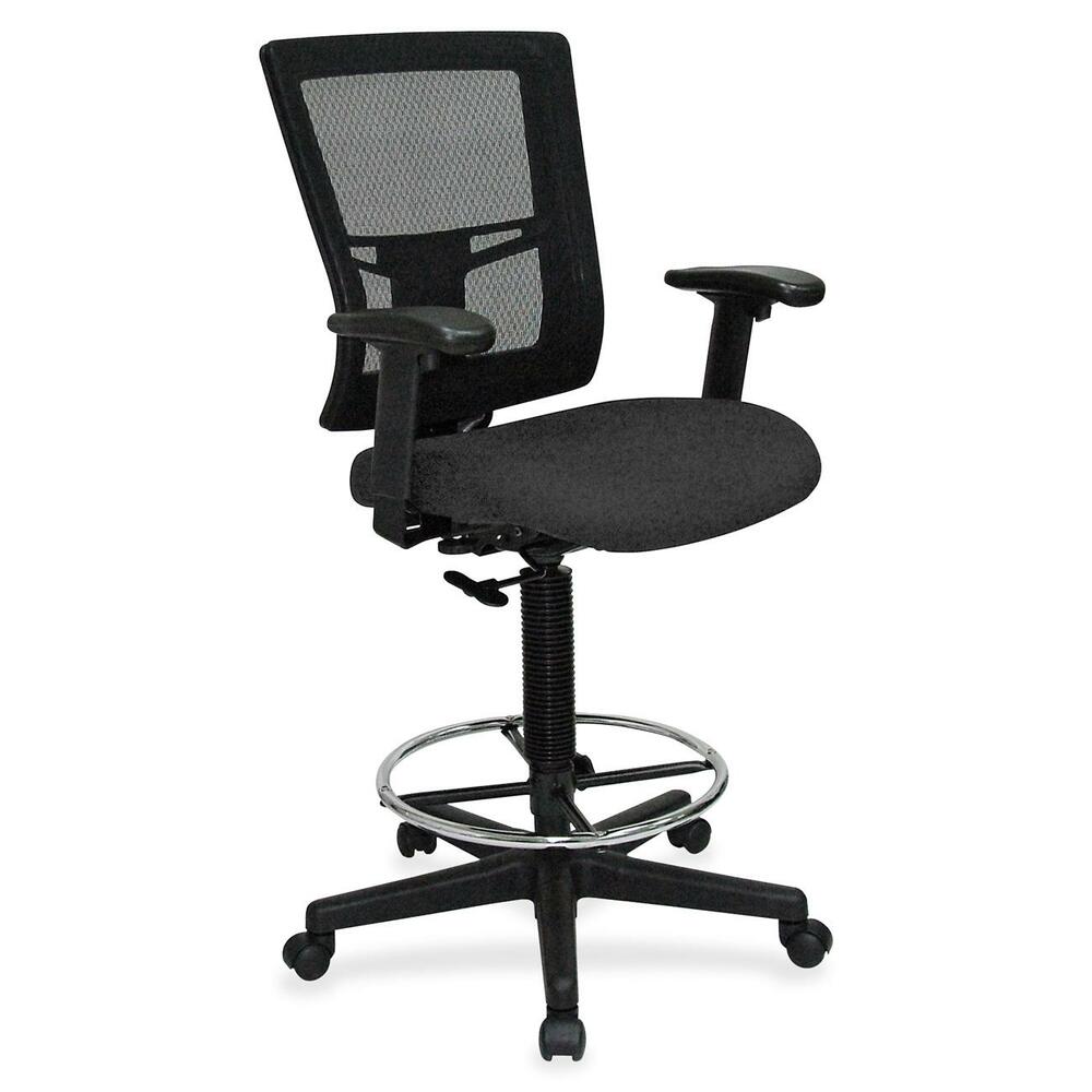 LLR4310035 - Drafting stool offers a breathable mesh back and upholstered, cushioned seat to enhance your comfort. Padded arms adjust in height and width for a position that suits your needs. Rest your feet on the chrome footring. Functions include pneumatic seat-height adjustment, ratchet back-height adjustment and 360-degree swivel. Black, five-star nylon base is equipped with smooth-rolling casters for easy mobility. Weight capacity is 275 lb. Mid-back chair meets or exceeds BIFMA standards.