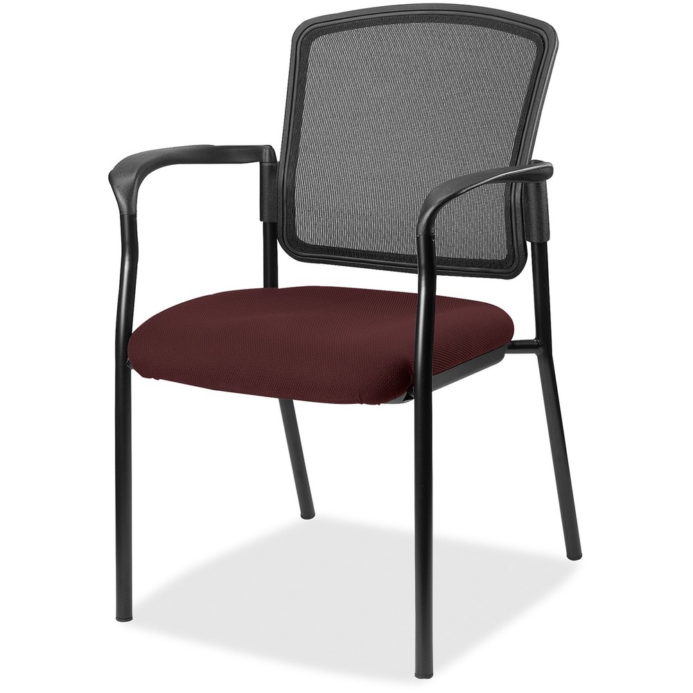 LLR2310064 - Inviting guest chair features a breathable mesh back and cushioned seat upholstered for comfortable seating in your waiting room or office. Chair is stackable up to four high for convenient, short-term or long-term storage. Black steel frame is powder-coated for durability. Weight capacity is 275 lb. The 3.5" thick seat measures 18.1" wide x 18.9" deep x 18.9" high. Back size 17.9" wide x 2" thick x 16.9" high. Chair is Greenguard compliant.