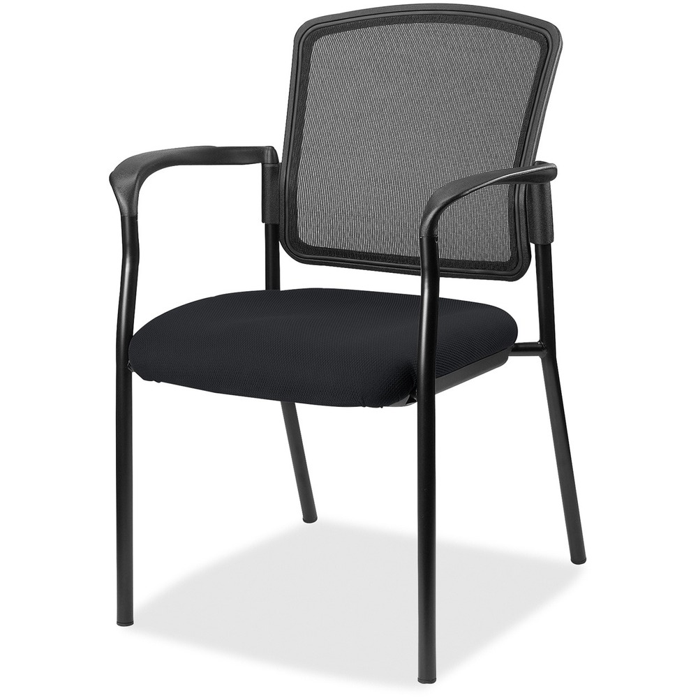 LLR2310049 - Inviting guest chair features a breathable mesh back and cushioned seat upholstered for comfortable seating in your waiting room or office. Chair is stackable up to four high for convenient, short-term or long-term storage. Black steel frame is powder-coated for durability. Weight capacity is 275 lb. The 3.5" thick seat measures 18.1" wide x 18.9" deep x 18.9" high. Back size 17.9" wide x 2" thick x 16.9" high. Chair is Greenguard compliant.