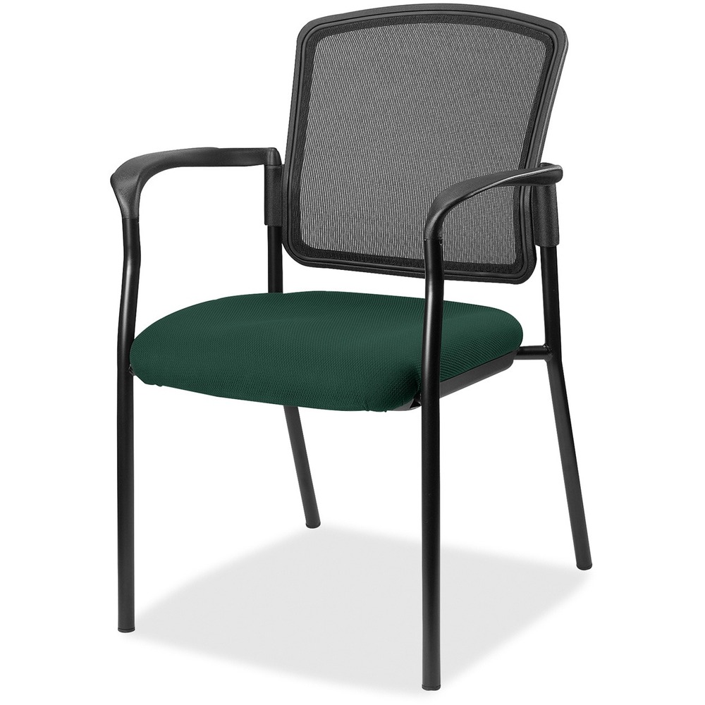 LLR2310050 - Inviting guest chair features a breathable mesh back and cushioned seat upholstered for comfortable seating in your waiting room or office. Chair is stackable up to four high for convenient, short-term or long-term storage. Black steel frame is powder-coated for durability. Weight capacity is 275 lb. The 3.5" thick seat measures 18.1" wide x 18.9" deep x 18.9" high. Back size 17.9" wide x 2" thick x 16.9" high. Chair is Greenguard compliant.