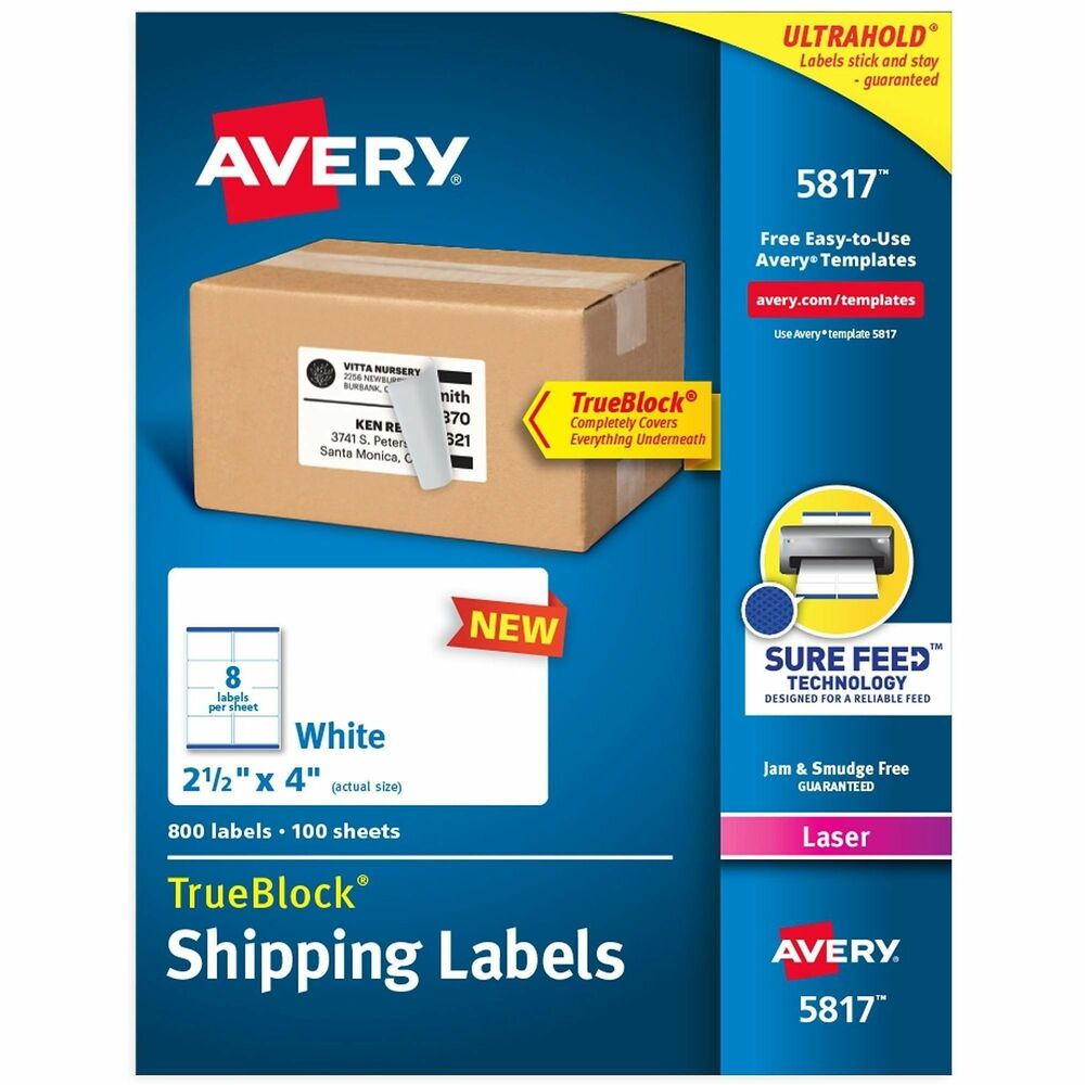 AVE5817 - Create professional-looking labels quickly using Shipping Labels with TrueBlock Technology. Labels with TrueBlock completely cover everything underneath so you can reuse mailing tubes, boxes and more. Bright-white labels have permanent adhesive and are jam-free and smudge-free. They are perfect for creating professional-looking mailings, shipping, bar coding and organizing. Labels are designed for use in laser printers. Avery offers many easy-to-use templates for Microsoft Word and other popular software programs. Each sheet contains eight labels (2-1/2" x 4").