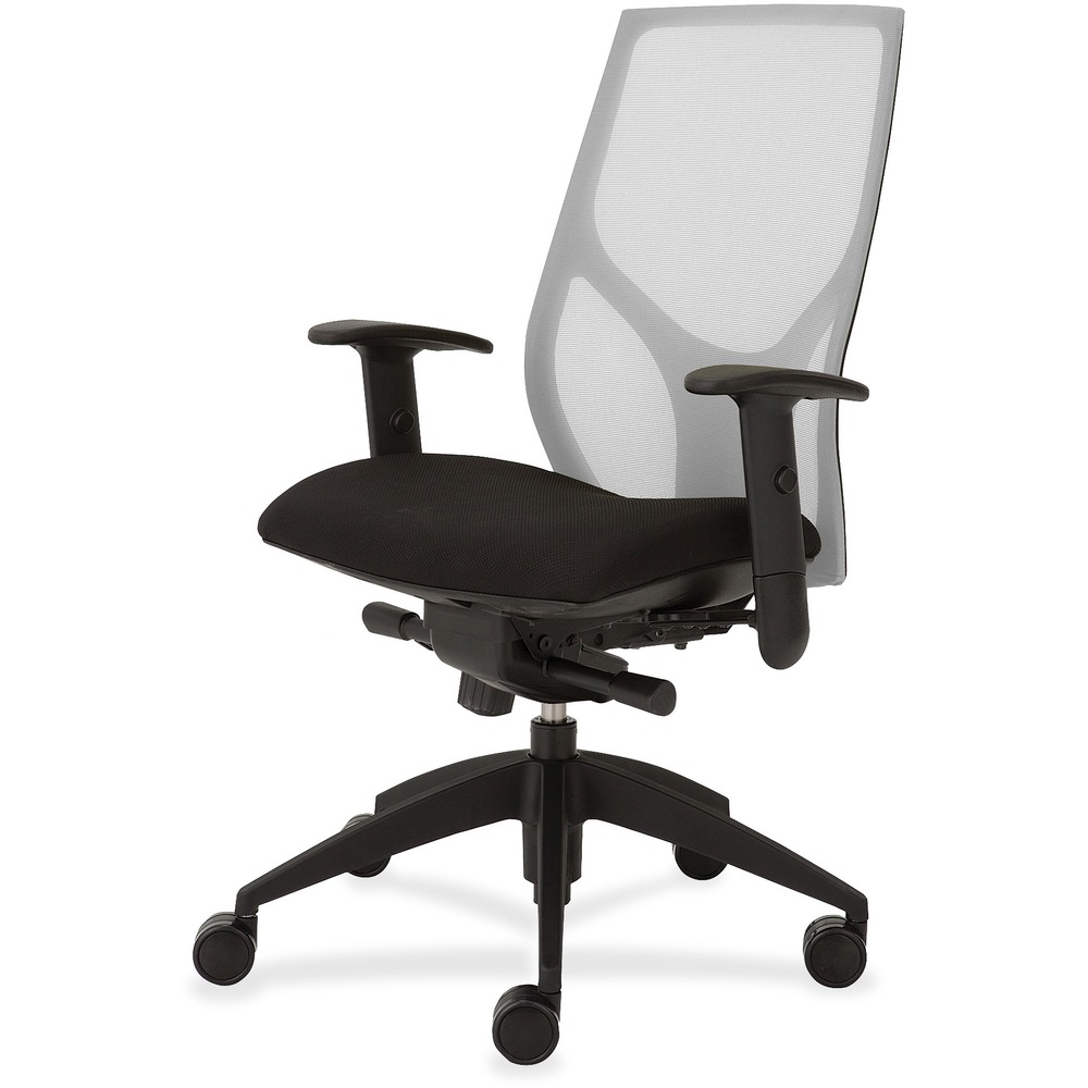 NTF1460K2A8M301 - Vault Task Chair with advanced knee tilt goes beyond the expected with features that let you personalize your comfort. Uncommon for a mesh back design, ratchet back-height adjustment lets you raise or lower the backrest from 23" to 25-1/2" for the greatest comfort. High-quality, woven tension mesh in white conforms to your back, following every move with support, including the lumbar region. Advanced, K2 knee-tilt control includes side-tension adjustment and three-position lock. Seat slider adjusts the seat depth from 16" to 18-1/2". T-shaped arms adjust in height by 3-1/2" with the push of a button. Other functions include pneumatic seat-height adjustment from 18-1/2" to 21-1/2" and 360-degree swivel. High-resilient, molded foam seat features a waterfall seat front to promote circulation and good health. 20" wide seat is upholstered in Onyx fabric. Durable, black nylon base with five casters offers long, trouble-free service. Weight capacity is 300 lb.
