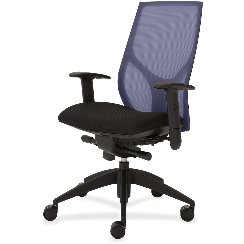 NTF1460K2A8M601 - Vault Task Chair with advanced knee tilt goes beyond the expected with features that let you personalize your comfort. Uncommon for a mesh back design, ratchet back-height adjustment lets you raise or lower the backrest from 23" to 25-1/2" for the greatest comfort. High-quality, woven tension mesh in blue conforms to your back, following every move with support, including the lumbar region. Advanced, K2 knee-tilt control includes side-tension adjustment and three-position lock. Seat slider adjusts the seat depth from 16" to 18-1/2". T-shaped arms adjust in height by 3-1/2" with the push of a button. Other functions include pneumatic seat-height adjustment from 18-1/2" to 21-1/2" and 360-degree swivel. High-resilient, molded foam seat features a waterfall seat front to promote circulation and good health. 20" wide seat is upholstered in Onyx fabric. Durable, black nylon base with five casters offers long, trouble-free service. Weight capacity is 300 lb.