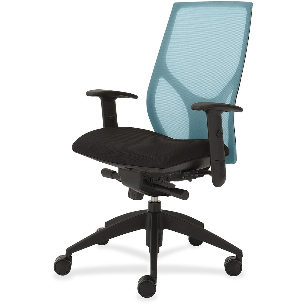 NTF1460K2A8M801 - Vault Task Chair with advanced knee tilt goes beyond the expected with features that let you personalize your comfort. Uncommon for a mesh back design, ratchet back-height adjustment lets you raise or lower the backrest from 23" to 25-1/2" for the greatest comfort. High-quality, woven tension mesh in aqua conforms to your back, following every move with support, including the lumbar region. Advanced, K2 knee-tilt control includes side-tension adjustment and three-position lock. Seat slider adjusts the seat depth from 16" to 18-1/2". T-shaped arms adjust in height by 3-1/2" with the push of a button. Other functions include pneumatic seat-height adjustment from 18-1/2" to 21-1/2" and 360-degree swivel. High-resilient, molded foam seat features a waterfall seat front to promote circulation and good health. 20" wide seat is upholstered in Onyx fabric. Durable, black nylon base with five casters offers long, trouble-free service. Weight capacity is 300 lb.