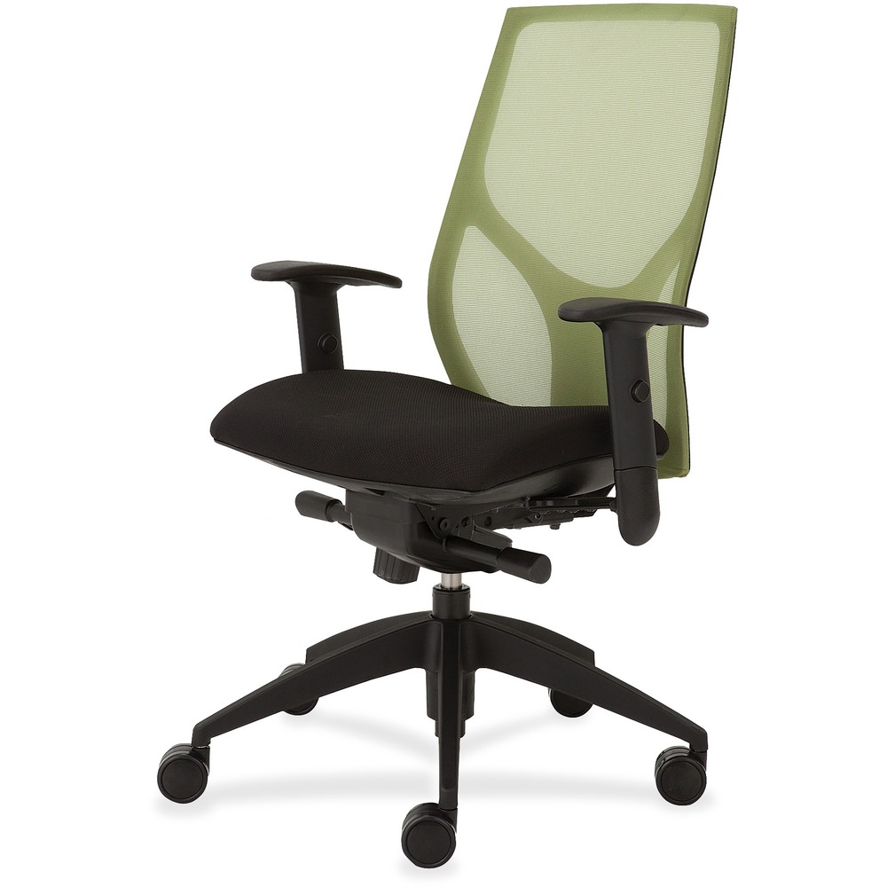 NTF1460K2A8M401 - Vault Task Chair with advanced knee tilt goes beyond the expected with features that let you personalize your comfort. Uncommon for a mesh back design, ratchet back-height adjustment lets you raise or lower the backrest from 23" to 25-1/2" for the greatest comfort. High-quality, woven tension mesh in green conforms to your back, following every move with support, including the lumbar region. Advanced, K2 knee-tilt control includes side-tension adjustment and three-position lock. Seat slider adjusts the seat depth from 16" to 18-1/2". T-shaped arms adjust in height by 3-1/2" with the push of a button. Other functions include pneumatic seat-height adjustment from 18-1/2" to 21-1/2" and 360-degree swivel. High-resilient, molded foam seat features a waterfall seat front to promote circulation and good health. 20" wide seat is upholstered in Onyx fabric. Durable, black nylon base with five casters offers long, trouble-free service. Weight capacity is 300 lb.