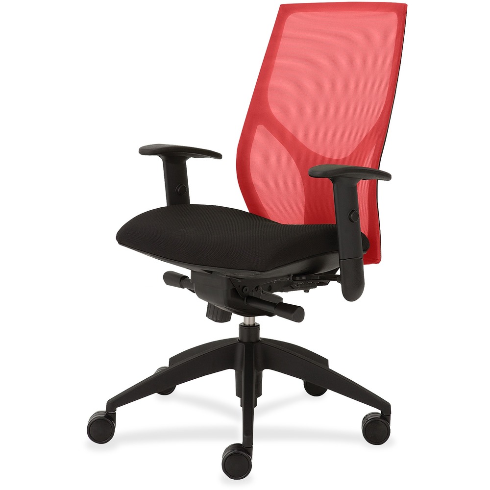 NTF1460K2A8M501 - Vault Task Chair with advanced knee tilt goes beyond the expected with features that let you personalize your comfort. Uncommon for a mesh back design, ratchet back-height adjustment lets you raise or lower the backrest from 23" to 25-1/2" for the greatest comfort. High-quality, woven tension mesh in red conforms to your back, following every move with support, including the lumbar region. Advanced, K2 knee-tilt control includes side-tension adjustment and three-position lock. Seat slider adjusts the seat depth from 16" to 18-1/2". T-shaped arms adjust in height by 3-1/2" with the push of a button. Other functions include pneumatic seat-height adjustment from 18-1/2" to 21-1/2" and 360-degree swivel. High-resilient, molded foam seat features a waterfall seat front to promote circulation and good health. 20" wide seat is upholstered in Onyx fabric. Durable, black nylon base with five casters offers long, trouble-free service. Weight capacity is 300 lb.