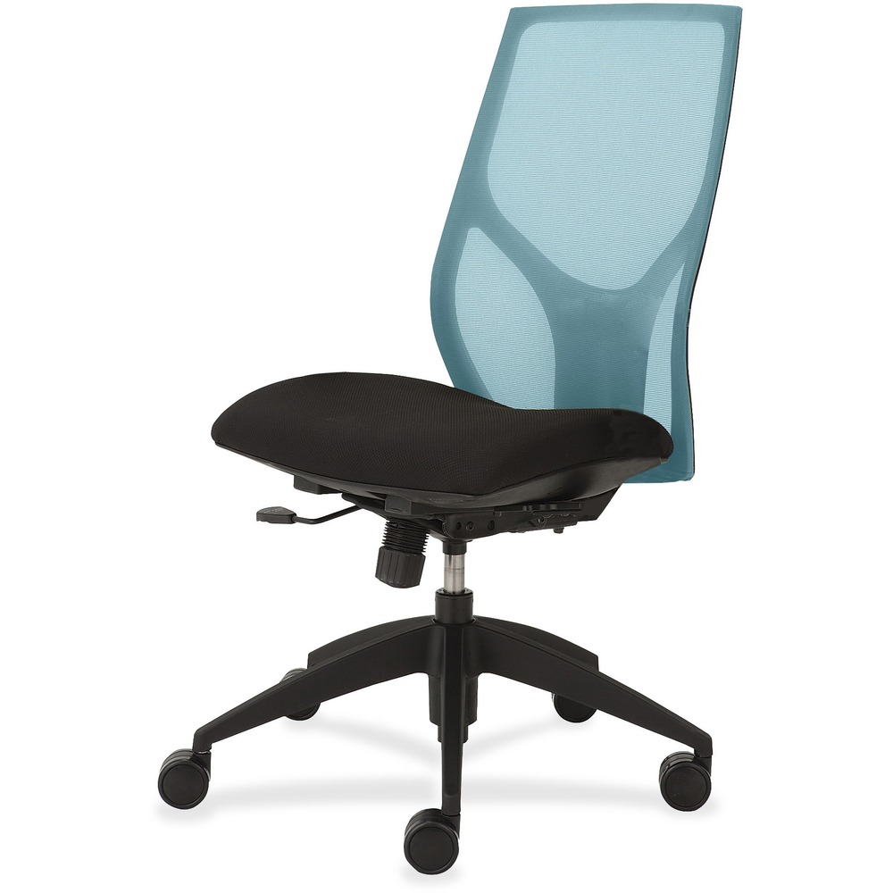 NTF1460Y100M801 - Vault Task Chair with no arms goes beyond the expected with features that let you personalize your comfort. Uncommon for a mesh back design, ratchet back-height adjustment lets you raise or lower the backrest from 23" to 25-1/2" for the greatest comfort. High-quality, woven tension mesh in aqua conforms to your back, following every move with support, including the lumbar region. Seat slider adjusts the seat depth from 16" to 18-1/2" so you are just where you need to be. Other functions include upright tilt lock, 3:1 back-to-seat tilt ratio, center knob tension adjustment, pneumatic seat-height adjustment from 17-1/2" to 22-1/2" and 360-degree swivel. High-resilient, molded foam seat features a waterfall seat front to promote circulation and good health. 20" wide seat is upholstered in Onyx fabric. Durable, black nylon base with five casters offers long, trouble-free service. Weight capacity is 300 lb.