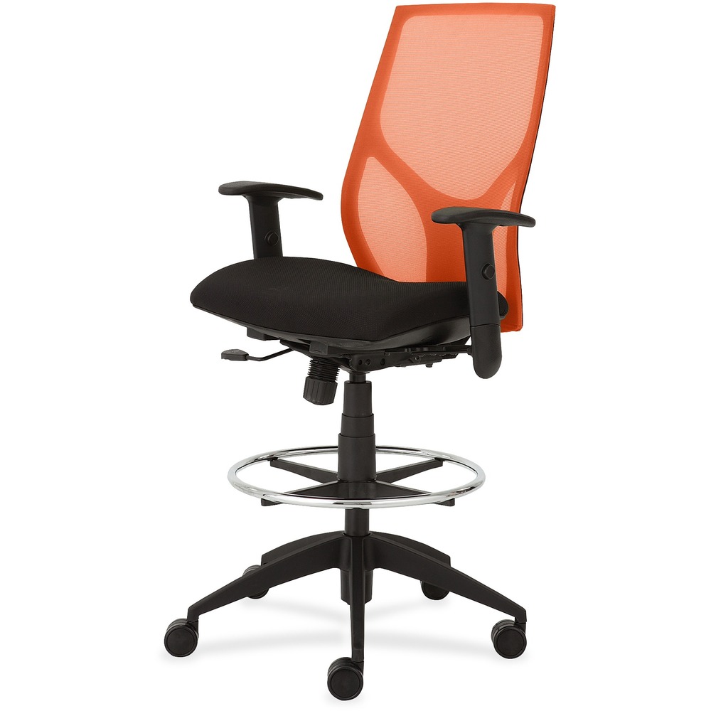 NTF1468Y1A8M701 - Vault Mid-back Stool goes beyond the expected with features that let you personalize your comfort. Uncommon for a mesh back design, ratchet back-height adjustment lets you raise or lower the backrest from 23" to 25-1/2" for the greatest comfort. High-quality, woven tension mesh in orange conforms to your back, following every move with support, including the lumbar region. Seat slider adjusts the seat depth from 16" to 18-1/2" so you are just where you need to be. T-shaped arms adjust in height by 3-1/2" with the push of a button. Other functions include upright tilt lock, 3:1 back-to-seat tilt ratio, center knob tension adjustment, pneumatic seat-height adjustment from 23" to 31" for use with worksurfaces up to 36" high and 360-degree swivel. High-resilient, molded foam seat features a waterfall seat front to promote circulation. 20" wide seat is upholstered in Onyx fabric. Durable, black nylon base with five casters offers long, trouble-free service. Weight capacity is 300 lb.