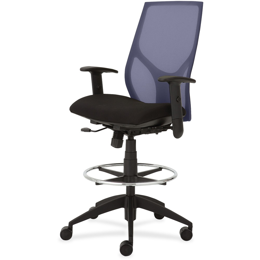 NTF1468Y1A8M601 - Vault Mid-back Stool goes beyond the expected with features that let you personalize your comfort. Uncommon for a mesh back design, ratchet back-height adjustment lets you raise or lower the backrest from 23" to 25-1/2" for the greatest comfort. High-quality, woven tension mesh in blue conforms to your back, following every move with support, including the lumbar region. Seat slider adjusts the seat depth from 16" to 18-1/2" so you are just where you need to be. T-shaped arms adjust in height by 3-1/2" with the push of a button. Other functions include upright tilt lock, 3:1 back-to-seat tilt ratio, center knob tension adjustment, pneumatic seat-height adjustment from 23" to 31" for use with worksurfaces up to 36" high and 360-degree swivel. High-resilient, molded foam seat features a waterfall seat front to promote circulation. 20" wide seat is upholstered in Onyx fabric. Durable, black nylon base with five casters offers long, trouble-free service. Weight capacity is 300 lb.