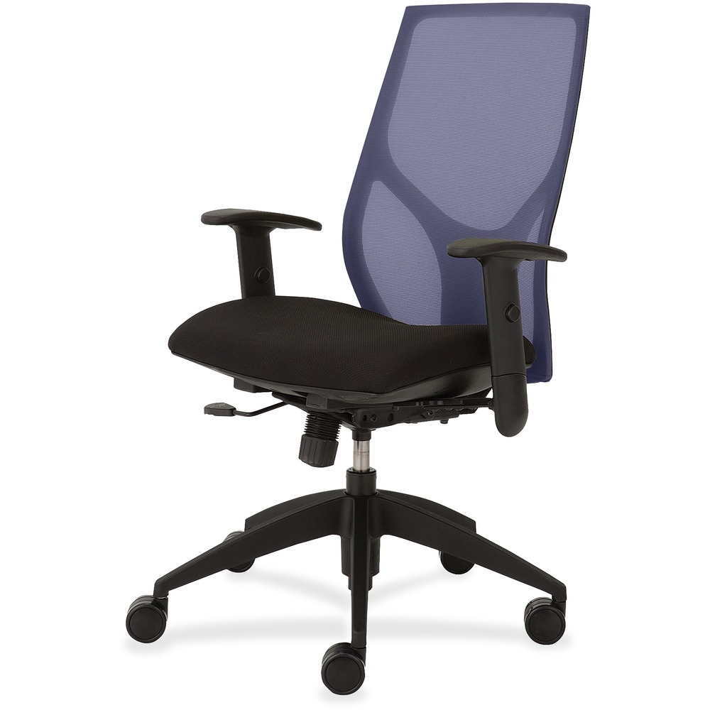 NTF1460Y1A8M601 - Vault Task Chair goes beyond the expected with features that let you personalize your comfort. Uncommon for a mesh back design, ratchet back-height adjustment lets you raise or lower the backrest from 23" to 25-1/2" for the greatest comfort. High-quality, woven tension mesh in blue conforms to your back, following every move with support, including the lumbar region. Seat slider adjusts the seat depth from 16" to 18-1/2" so you are just where you need to be. T-shaped arms adjust in height by 3-1/2" with the push of a button. Other functions include upright tilt lock, 3:1 back-to-seat tilt ratio, center knob tension adjustment, pneumatic seat-height adjustment from 17-1/2" to 22-1/2" and 360-degree swivel. High-resilient, molded foam seat features a waterfall seat front to promote circulation and good health. 20" wide seat is upholstered in Onyx fabric. Durable, black nylon base with five casters offers long, trouble-free service. Weight capacity is 300 lb.
