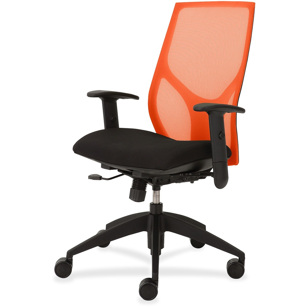NTF1460Y1A8M701 - Vault Task Chair goes beyond the expected with features that let you personalize your comfort. Uncommon for a mesh back design, ratchet back-height adjustment lets you raise or lower the backrest from 23" to 25-1/2" for the greatest comfort. High-quality, woven tension mesh in orange conforms to your back, following every move with support, including the lumbar region. Seat slider adjusts the seat depth from 16" to 18-1/2" so you are just where you need to be. T-shaped arms adjust in height by 3-1/2" with the push of a button. Other functions include upright tilt lock, 3:1 back-to-seat tilt ratio, center knob tension adjustment, pneumatic seat-height adjustment from 17-1/2" to 22-1/2" and 360-degree swivel. High-resilient, molded foam seat features a waterfall seat front to promote circulation and good health. 20" wide seat is upholstered in Onyx fabric. Durable, black nylon base with five casters offers long, trouble-free service. Weight capacity is 300 lb.