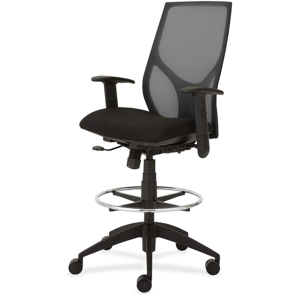 NTF1468Y1A8M101 - Vault Mid-back Stool goes beyond the expected with features that let you personalize your comfort. Uncommon for a mesh back design, ratchet back-height adjustment lets you raise or lower the backrest from 23" to 25-1/2" for the greatest comfort. High-quality, woven tension mesh in black conforms to your back, following every move with support, including the lumbar region. Seat slider adjusts the seat depth from 16" to 18-1/2" so you are just where you need to be. T-shaped arms adjust in height by 3-1/2" with the push of a button. Other functions include upright tilt lock, 3:1 back-to-seat tilt ratio, center knob tension adjustment, pneumatic seat-height adjustment from 23" to 31" for use with worksurfaces up to 36" high and 360-degree swivel. High-resilient, molded foam seat features a waterfall seat front to promote circulation. 20" wide seat is upholstered in Onyx fabric. Durable, black nylon base with five casters offers long, trouble-free service. Weight capacity is 300 lb.