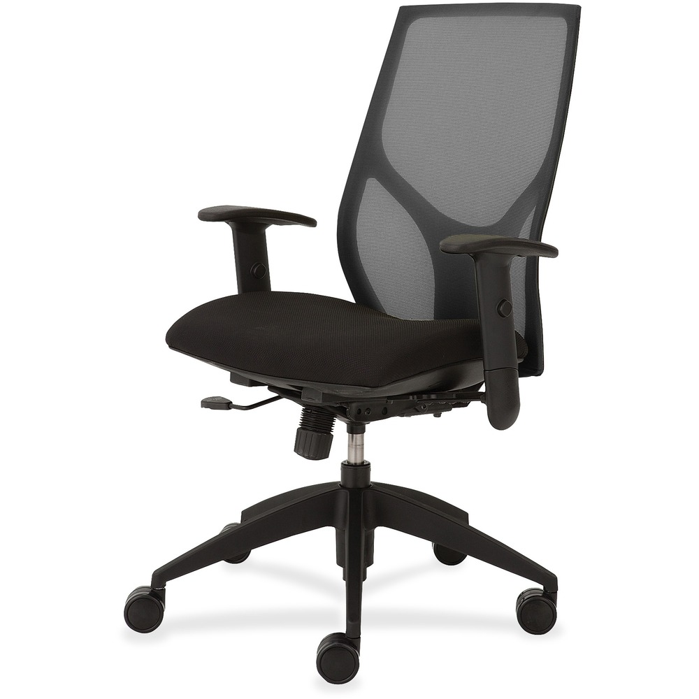 NTF1460Y1A8M101 - Vault Task Chair goes beyond the expected with features that let you personalize your comfort. Uncommon for a mesh back design, ratchet back-height adjustment lets you raise or lower the backrest from 23" to 25-1/2" for the greatest comfort. High-quality, woven tension mesh in black conforms to your back, following every move with support, including the lumbar region. Seat slider adjusts the seat depth from 16" to 18-1/2" so you are just where you need to be. T-shaped arms adjust in height by 3-1/2" with the push of a button. Other functions include upright tilt lock, 3:1 back-to-seat tilt ratio, center knob tension adjustment, pneumatic seat-height adjustment from 17-1/2" to 22-1/2" and 360-degree swivel. High-resilient, molded foam seat features a waterfall seat front to promote circulation and good health. 20" wide seat is upholstered in Onyx fabric. Durable, black nylon base with five casters offers long, trouble-free service. Weight capacity is 300 lb.
