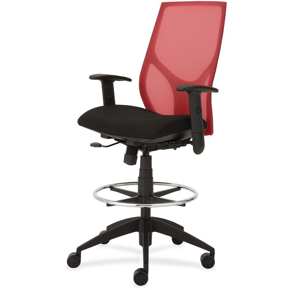 NTF1468Y1A8M501 - Vault Mid-back Stool goes beyond the expected with features that let you personalize your comfort. Uncommon for a mesh back design, ratchet back-height adjustment lets you raise or lower the backrest from 23" to 25-1/2" for the greatest comfort. High-quality, woven tension mesh in red conforms to your back, following every move with support, including the lumbar region. Seat slider adjusts the seat depth from 16" to 18-1/2" so you are just where you need to be. T-shaped arms adjust in height by 3-1/2" with the push of a button. Other functions include upright tilt lock, 3:1 back-to-seat tilt ratio, center knob tension adjustment, pneumatic seat-height adjustment from 23" to 31" for use with worksurfaces up to 36" high and 360-degree swivel. High-resilient, molded foam seat features a waterfall seat front to promote circulation. 20" wide seat is upholstered in Onyx fabric. Durable, black nylon base with five casters offers long, trouble-free service. Weight capacity is 300 lb.