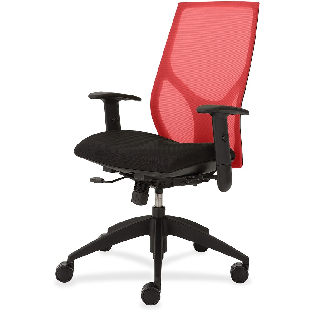 NTF1460Y1A8M501 - Vault Task Chair goes beyond the expected with features that let you personalize your comfort. Uncommon for a mesh back design, ratchet back-height adjustment lets you raise or lower the backrest from 23" to 25-1/2" for the greatest comfort. High-quality, woven tension mesh in red conforms to your back, following every move with support, including the lumbar region. Seat slider adjusts the seat depth from 16" to 18-1/2" so you are just where you need to be. T-shaped arms adjust in height by 3-1/2" with the push of a button. Other functions include upright tilt lock, 3:1 back-to-seat tilt ratio, center knob tension adjustment, pneumatic seat-height adjustment from 17-1/2" to 22-1/2" and 360-degree swivel. High-resilient, molded foam seat features a waterfall seat front to promote circulation and good health. 20" wide seat is upholstered in Onyx fabric. Durable, black nylon base with five casters offers long, trouble-free service. Weight capacity is 300 lb.