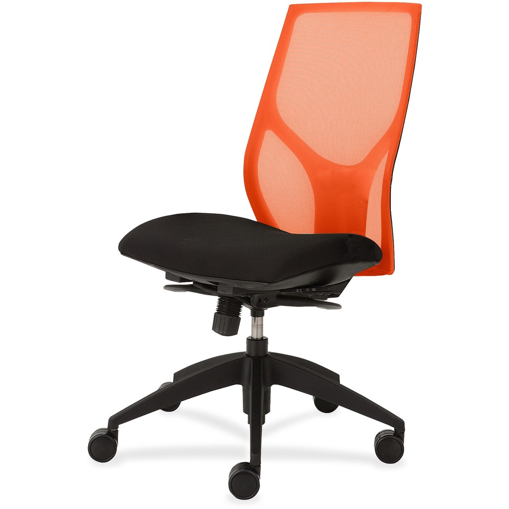NTF1460Y300M701 - Vault Task Chair with full synchro tilt and no arms goes beyond the expected with features that let you personalize your comfort. Uncommon for a mesh back design, ratchet back-height adjustment lets you raise or lower the backrest from 23" to 25-1/2" for the greatest comfort. High-quality, woven tension mesh in orange conforms to your back, following every move with support, including the lumbar region. Seat slider adjusts the seat depth from 16" to 18-1/2" so you are just where you need to be. Other functions include three-position tilt lock, 2:1 back-to-seat tilt ratio, center knob tension adjustment, pneumatic seat-height adjustment from 17-1/2" to 22-1/2" and 360-degree swivel. High-resilient, molded foam seat features a waterfall seat front to promote circulation and good health. 20" wide seat is upholstered in Onyx fabric. Durable, black nylon base with five casters offers long, trouble-free service. Weight capacity is 300 lb.