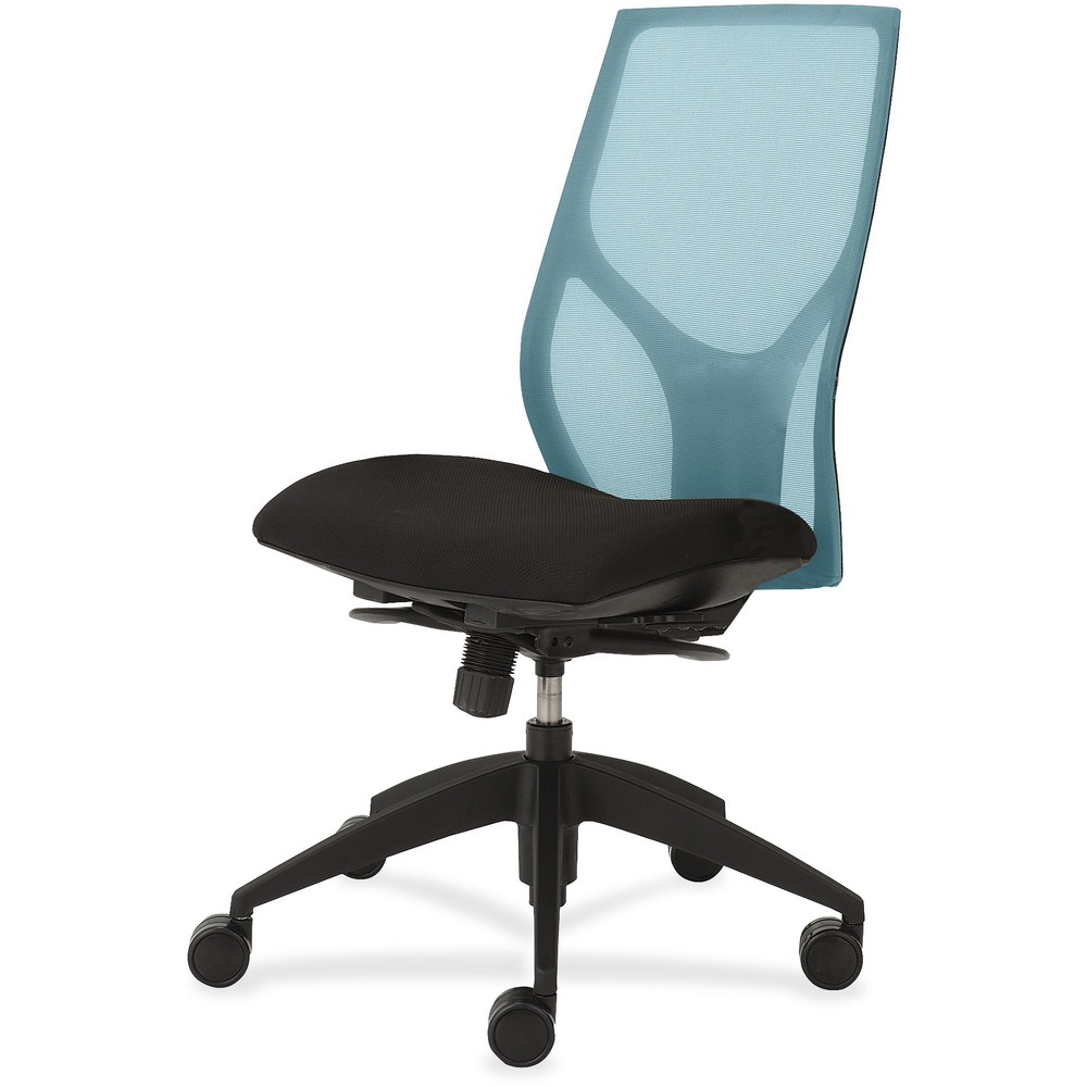 NTF1460Y300M801 - Vault Task Chair with full synchro tilt and no arms goes beyond the expected with features that let you personalize your comfort. Uncommon for a mesh back design, ratchet back-height adjustment lets you raise or lower the backrest from 23" to 25-1/2" for the greatest comfort. High-quality, woven tension mesh in aqua conforms to your back, following every move with support, including the lumbar region. Seat slider adjusts the seat depth from 16" to 18-1/2" so you are just where you need to be. Other functions include three-position tilt lock, 2:1 back-to-seat tilt ratio, center knob tension adjustment, pneumatic seat-height adjustment from 17-1/2" to 22-1/2" and 360-degree swivel. High-resilient, molded foam seat features a waterfall seat front to promote circulation and good health. 20" wide seat is upholstered in Onyx fabric. Durable, black nylon base with five casters offers long, trouble-free service. Weight capacity is 300 lb.