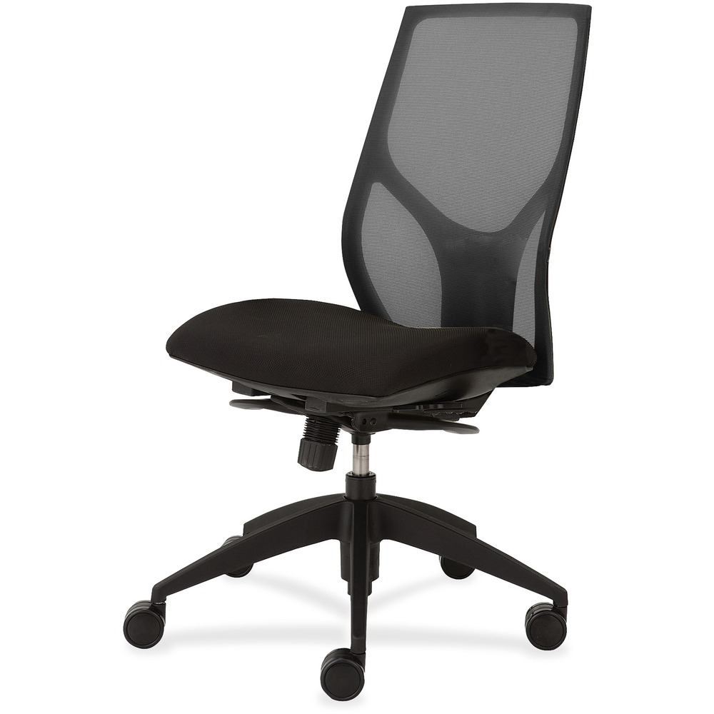 NTF1460Y300M101 - Vault Task Chair with full synchro tilt and no arms goes beyond the expected with features that let you personalize your comfort. Uncommon for a mesh back design, ratchet back-height adjustment lets you raise or lower the backrest from 23" to 25-1/2" for the greatest comfort. High-quality, woven tension mesh in black conforms to your back, following every move with support, including the lumbar region. Seat slider adjusts the seat depth from 16" to 18-1/2" so you are just where you need to be. Other functions include three-position tilt lock, 2:1 back-to-seat tilt ratio, center knob tension adjustment, pneumatic seat-height adjustment from 17-1/2" to 22-1/2" and 360-degree swivel. High-resilient, molded foam seat features a waterfall seat front to promote circulation and good health. 20" wide seat is upholstered in Onyx fabric. Durable, black nylon base with five casters offers long, trouble-free service. Weight capacity is 300 lb.