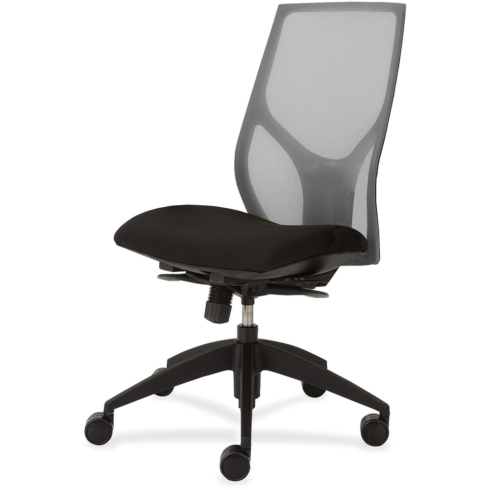 NTF1460Y300M201 - Vault Task Chair with full synchro tilt and no arms goes beyond the expected with features that let you personalize your comfort. Uncommon for a mesh back design, ratchet back-height adjustment lets you raise or lower the backrest from 23" to 25-1/2" for the greatest comfort. High-quality, woven tension mesh in gray conforms to your back, following every move with support, including the lumbar region. Seat slider adjusts the seat depth from 16" to 18-1/2" so you are just where you need to be. Other functions include three-position tilt lock, 2:1 back-to-seat tilt ratio, center knob tension adjustment, pneumatic seat-height adjustment from 17-1/2" to 22-1/2" and 360-degree swivel. High-resilient, molded foam seat features a waterfall seat front to promote circulation and good health. 20" wide seat is upholstered in Onyx fabric. Durable, black nylon base with five casters offers long, trouble-free service. Weight capacity is 300 lb.