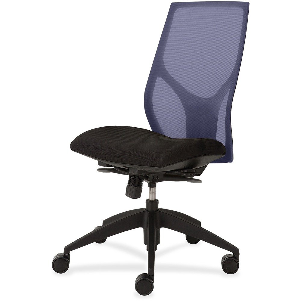 NTF1460Y300M601 - Vault Task Chair with full synchro tilt and no arms goes beyond the expected with features that let you personalize your comfort. Uncommon for a mesh back design, ratchet back-height adjustment lets you raise or lower the backrest from 23" to 25-1/2" for the greatest comfort. High-quality, woven tension mesh in blue conforms to your back, following every move with support, including the lumbar region. Seat slider adjusts the seat depth from 16" to 18-1/2" so you are just where you need to be. Other functions include three-position tilt lock, 2:1 back-to-seat tilt ratio, center knob tension adjustment, pneumatic seat-height adjustment from 17-1/2" to 22-1/2" and 360-degree swivel. High-resilient, molded foam seat features a waterfall seat front to promote circulation and good health. 20" wide seat is upholstered in Onyx fabric. Durable, black nylon base with five casters offers long, trouble-free service. Weight capacity is 300 lb.