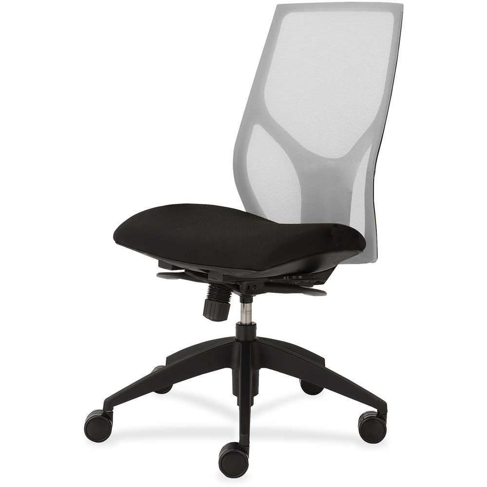 NTF1460Y300M301 - Vault Task Chair with full synchro tilt and no arms goes beyond the expected with features that let you personalize your comfort. Uncommon for a mesh back design, ratchet back-height adjustment lets you raise or lower the backrest from 23" to 25-1/2" for the greatest comfort. High-quality, woven tension mesh in white conforms to your back, following every move with support, including the lumbar region. Seat slider adjusts the seat depth from 16" to 18-1/2" so you are just where you need to be. Other functions include three-position tilt lock, 2:1 back-to-seat tilt ratio, center knob tension adjustment, pneumatic seat-height adjustment from 17-1/2" to 22-1/2" and 360-degree swivel. High-resilient, molded foam seat features a waterfall seat front to promote circulation and good health. 20" wide seat is upholstered in Onyx fabric. Durable, black nylon base with five casters offers long, trouble-free service. Weight capacity is 300 lb.