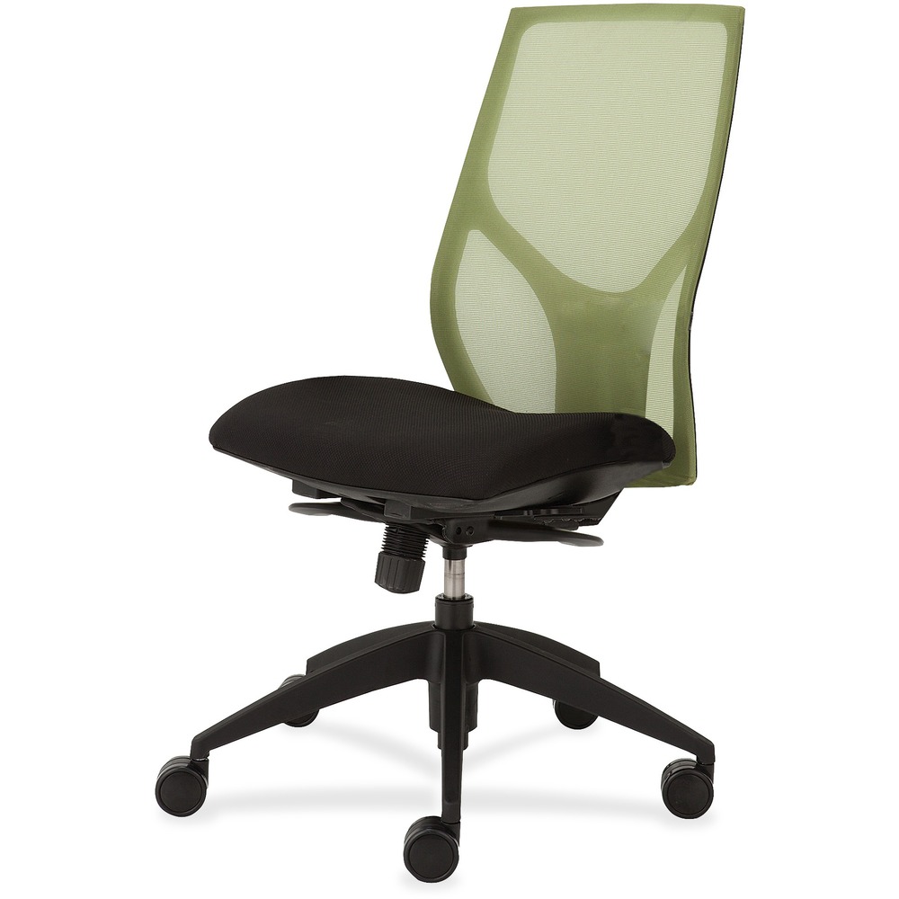 NTF1460Y300M401 - Vault Task Chair with full synchro tilt and no arms goes beyond the expected with features that let you personalize your comfort. Uncommon for a mesh back design, ratchet back-height adjustment lets you raise or lower the backrest from 23" to 25-1/2" for the greatest comfort. High-quality, woven tension mesh in green conforms to your back, following every move with support, including the lumbar region. Seat slider adjusts the seat depth from 16" to 18-1/2" so you are just where you need to be. Other functions include three-position tilt lock, 2:1 back-to-seat tilt ratio, center knob tension adjustment, pneumatic seat-height adjustment from 17-1/2" to 22-1/2" and 360-degree swivel. High-resilient, molded foam seat features a waterfall seat front to promote circulation and good health. 20" wide seat is upholstered in Onyx fabric. Durable, black nylon base with five casters offers long, trouble-free service. Weight capacity is 300 lb.