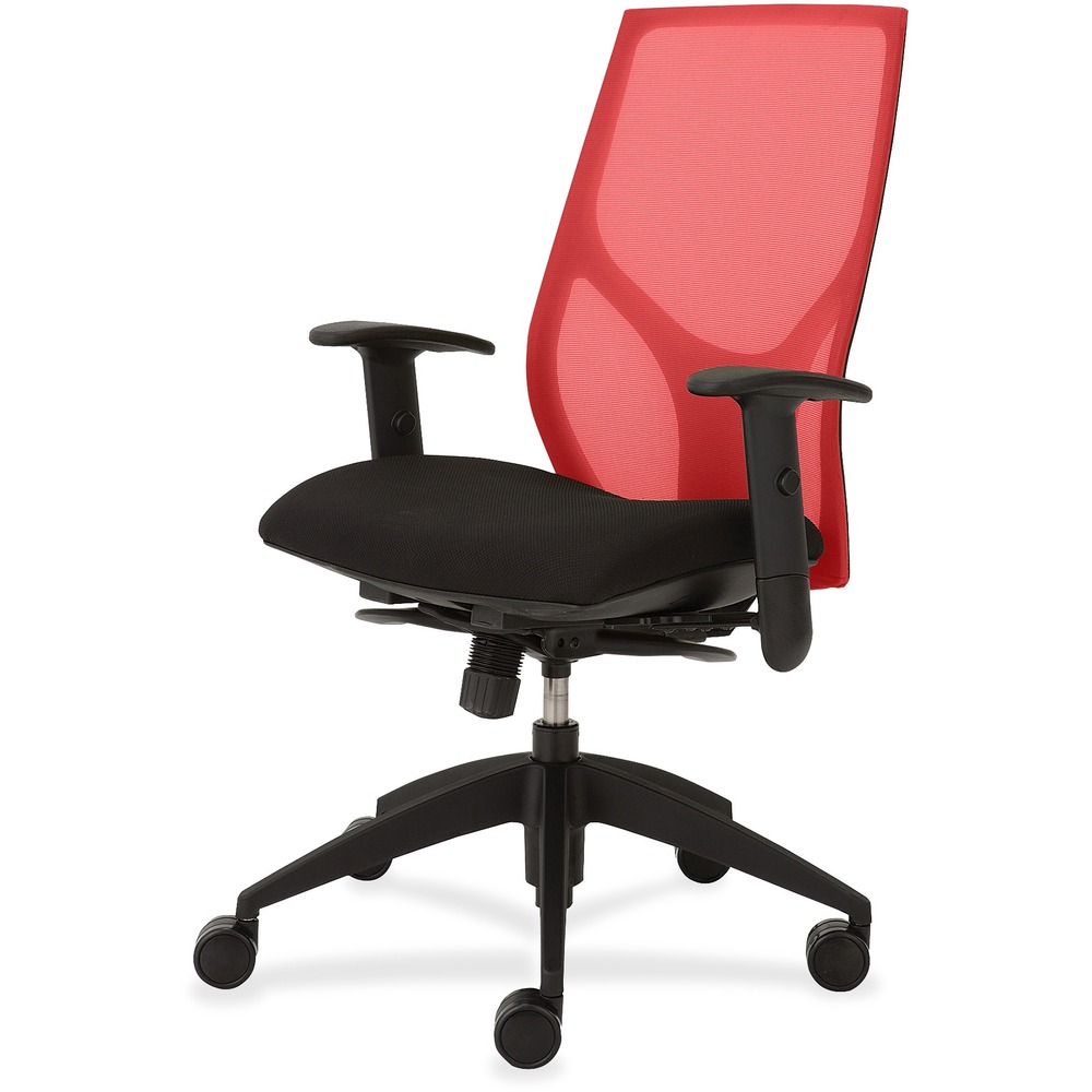 NTF1460Y3A8M501 - Vault Task Chair with full synchro tilt goes beyond the expected with features that let you personalize your comfort. Uncommon for a mesh back design, ratchet back-height adjustment lets you raise or lower the backrest from 23" to 25-1/2" for the greatest comfort. High-quality, woven tension mesh in red conforms to your back, following every move with support, including the lumbar region. Seat slider adjusts the seat depth from 16" to 18-1/2" so you are just where you need to be. T-shaped arms adjust in height by 3-1/2" with the push of a button. Other functions include three-position tilt lock, 2:1 back-to-seat tilt ratio, center knob tension adjustment, pneumatic seat-height adjustment from 17-1/2" to 22-1/2" and 360-degree swivel. High-resilient, molded foam seat features a waterfall seat front to promote circulation and good health. 20" wide seat is upholstered in Onyx fabric. Durable, black nylon base with five casters offers long, trouble-free service. Weight capacity is 300 lb.