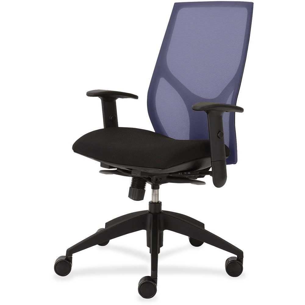 NTF1460Y3A8M601 - Vault Task Chair with full synchro tilt goes beyond the expected with features that let you personalize your comfort. Uncommon for a mesh back design, ratchet back-height adjustment lets you raise or lower the backrest from 23" to 25-1/2" for the greatest comfort. High-quality, woven tension mesh in blue conforms to your back, following every move with support, including the lumbar region. Seat slider adjusts the seat depth from 16" to 18-1/2" so you are just where you need to be. T-shaped arms adjust in height by 3-1/2" with the push of a button. Other functions include three-position tilt lock, 2:1 back-to-seat tilt ratio, center knob tension adjustment, pneumatic seat-height adjustment from 17-1/2" to 22-1/2" and 360-degree swivel. High-resilient, molded foam seat features a waterfall front to promote circulation and good health. 20" wide seat is upholstered in Onyx fabric. Durable, black nylon base with five casters offers long, trouble-free service. Weight capacity is 300 lb.