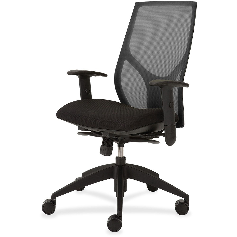 NTF1460Y3A8M101 - Vault Task Chair with full synchro tilt goes beyond the expected with features that let you personalize your comfort. Uncommon for a mesh back design, ratchet back-height adjustment lets you raise or lower the backrest from 23" to 25-1/2" for the greatest comfort. High-quality, woven tension mesh in black conforms to your back, following every move with support, including the lumbar region. Seat slider adjusts the seat depth from 16" to 18-1/2" so you are just where you need to be. T-shaped arms adjust in height by 3-1/2" with the push of a button. Other functions include three-position tilt lock, 2:1 back-to-seat tilt ratio, center knob tension adjustment, pneumatic seat-height adjustment from 17-1/2" to 22-1/2" and 360-degree swivel. High-resilient, molded foam seat features a waterfall front to promote circulation and good health. 20" wide seat is upholstered in Onyx fabric. Durable, black nylon base with five casters offers long, trouble-free service. Weight capacity is 300 lb.