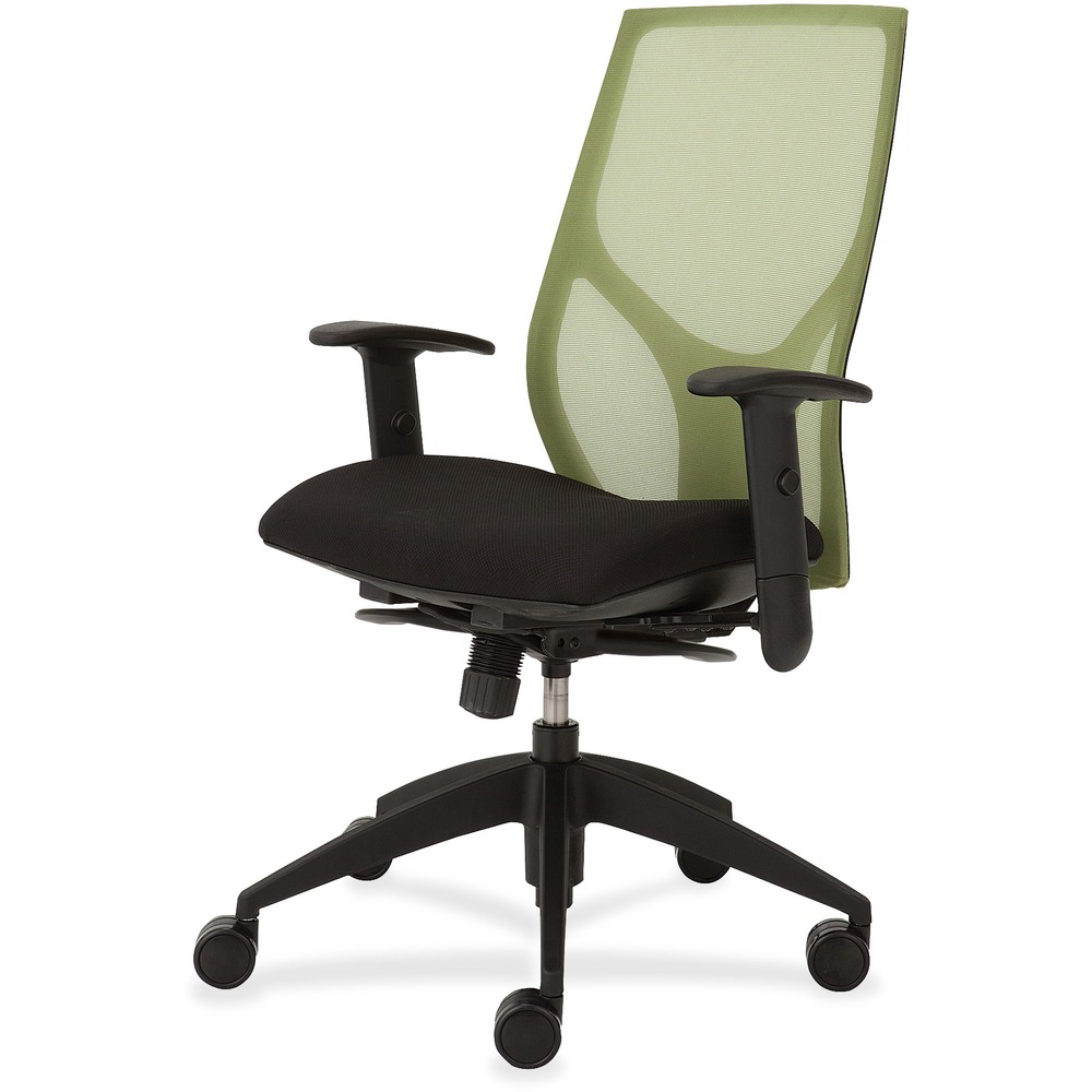 NTF1460Y3A8M401 - Vault Task Chair with full synchro tilt goes beyond the expected with features that let you personalize your comfort. Uncommon for a mesh back design, ratchet back-height adjustment lets you raise or lower the backrest from 23" to 25-1/2" for the greatest comfort. High-quality, woven tension mesh in green conforms to your back, following every move with support, including the lumbar region. Seat slider adjusts the seat depth from 16" to 18-1/2" so you are just where you need to be. T-shaped arms adjust in height by 3-1/2" with the push of a button. Other functions include three-position tilt lock, 2:1 back-to-seat tilt ratio, center knob tension adjustment, pneumatic seat-height adjustment from 17-1/2" to 22-1/2" and 360-degree swivel. High-resilient, molded foam seat features a waterfall front to promote circulation and good health. 20" wide seat is upholstered in Onyx fabric. Durable, black nylon base with five casters offers long, trouble-free service. Weight capacity is 300 lb.