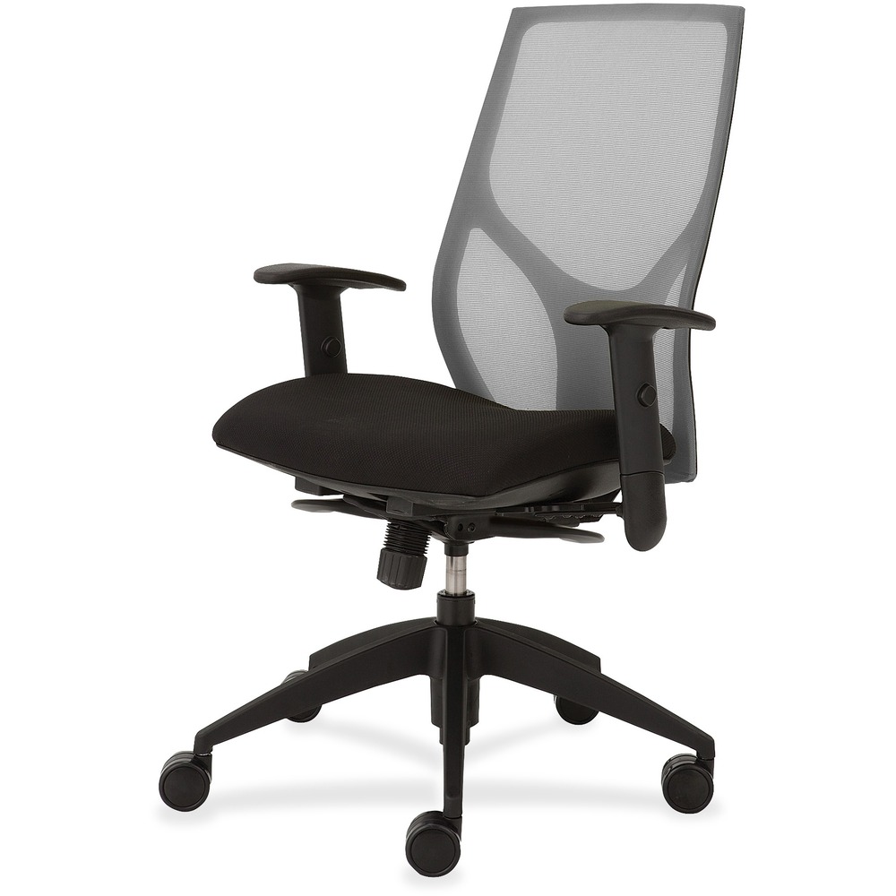 NTF1460Y3A8M201 - Vault Task Chair with full synchro tilt goes beyond the expected with features that let you personalize your comfort. Uncommon for a mesh back design, ratchet back-height adjustment lets you raise or lower the backrest from 23" to 25-1/2" for the greatest comfort. High-quality, woven tension mesh in gray conforms to your back, following every move with support, including the lumbar region. Seat slider adjusts the seat depth from 16" to 18-1/2" so you are just where you need to be. T-shaped arms adjust in height by 3-1/2" with the push of a button. Other functions include three-position tilt lock, 2:1 back-to-seat tilt ratio, center knob tension adjustment, pneumatic seat-height adjustment from 17-1/2" to 22-1/2" and 360-degree swivel. High-resilient, molded foam seat features a waterfall front to promote circulation and good health. 20" wide seat is upholstered in Onyx fabric. Durable, black nylon base with five casters offers long, trouble-free service. Weight capacity is 300 lb.