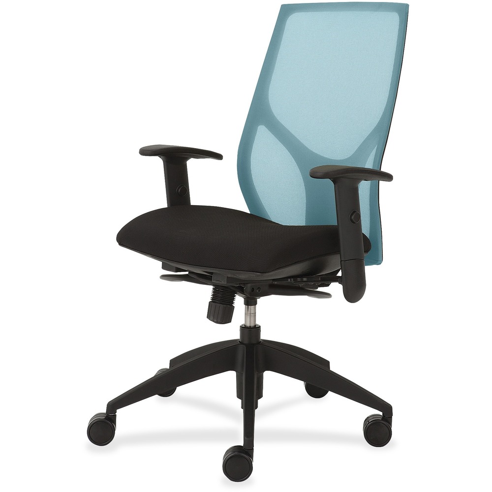 NTF1460Y3A8M801 - Vault Task Chair with full synchro tilt goes beyond the expected with features that let you personalize your comfort. Uncommon for a mesh back design, ratchet back-height adjustment lets you raise or lower the backrest from 23" to 25-1/2" for the greatest comfort. High-quality, woven tension mesh in aqua conforms to your back, following every move with support, including the lumbar region. Seat slider adjusts the seat depth from 16" to 18-1/2" so you are just where you need to be. T-shaped arms adjust in height by 3-1/2" with the push of a button. Other functions include three-position tilt lock, 2:1 back-to-seat tilt ratio, center knob tension adjustment, pneumatic seat-height adjustment from 17-1/2" to 22-1/2" and 360-degree swivel. High-resilient, molded foam seat features a waterfall front to promote circulation and good health. 20" wide seat is upholstered in Onyx fabric. Durable, black nylon base with five casters offers long, trouble-free service. Weight capacity is 300 lb.
