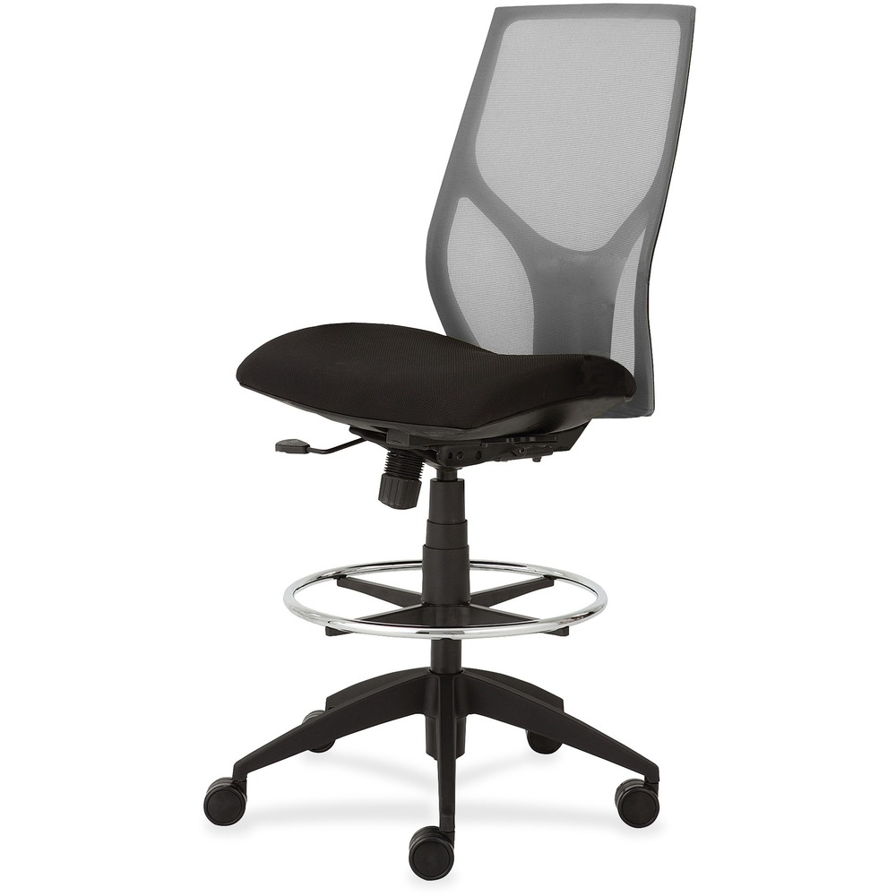 NTF1468Y100M201 - Vault Mid-back Stool with no arms goes beyond the expected with features that let you personalize your comfort. Uncommon for a mesh back design, ratchet back-height adjustment lets you raise or lower the backrest from 23" to 25-1/2" for the greatest comfort. High-quality, woven tension mesh in gray conforms to your back, following every move with support, including the lumbar region. Seat slider adjusts the seat depth from 16" to 18-1/2" so you are just where you need to be. Other functions include upright tilt lock, 3:1 back-to-seat tilt ratio, center knob tension adjustment, pneumatic seat-height adjustment from 23" to 31" for use with worksurfaces up to 36" high and 360-degree swivel. High-resilient, molded foam seat features a waterfall seat front to promote circulation. 20" wide seat is upholstered in Onyx fabric. Durable, black nylon base with five casters offers long, trouble-free service. Weight capacity is 300 lb.