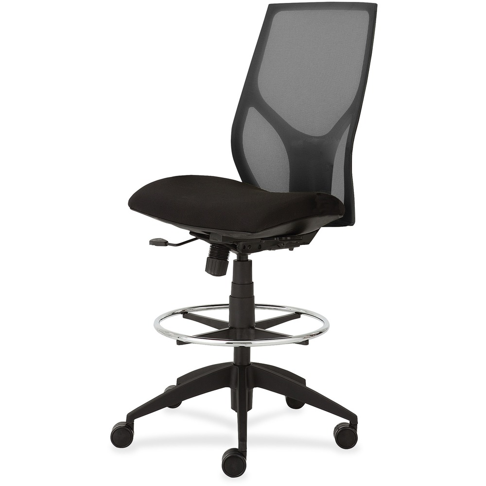 NTF1468Y100M101 - Vault Mid-back Stool with no arms goes beyond the expected with features that let you personalize your comfort. Uncommon for a mesh back design, ratchet back-height adjustment lets you raise or lower the backrest from 23" to 25-1/2" for the greatest comfort. High-quality, woven tension mesh in black conforms to your back, following every move with support, including the lumbar region. Seat slider adjusts the seat depth from 16" to 18-1/2" so you are just where you need to be. Other functions include upright tilt lock, 3:1 back-to-seat tilt ratio, center knob tension adjustment, pneumatic seat-height adjustment from 23" to 31" for use with worksurfaces up to 36" high and 360-degree swivel. High-resilient, molded foam seat features a waterfall seat front to promote circulation. 20" wide seat is upholstered in Onyx fabric. Durable, black nylon base with five casters offers long, trouble-free service. Weight capacity is 300 lb.