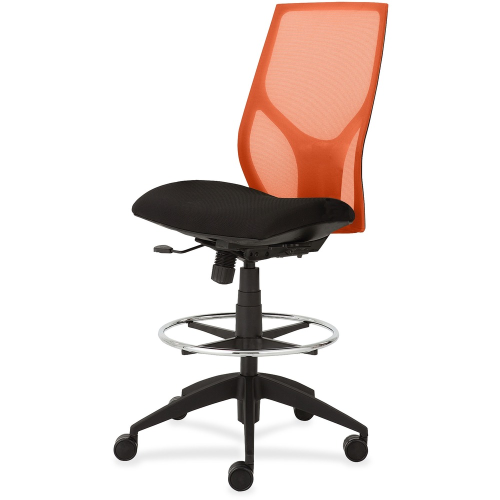 NTF1468Y100M701 - Vault Mid-back Stool with no arms goes beyond the expected with features that let you personalize your comfort. Uncommon for a mesh back design, ratchet back-height adjustment lets you raise or lower the backrest from 23" to 25-1/2" for the greatest comfort. High-quality, woven tension mesh in orange conforms to your back, following every move with support, including the lumbar region. Seat slider adjusts the seat depth from 16" to 18-1/2" so you are just where you need to be. Other functions include upright tilt lock, 3:1 back-to-seat tilt ratio, center knob tension adjustment, pneumatic seat-height adjustment from 23" to 31" for use with worksurfaces up to 36" high and 360-degree swivel. High-resilient, molded foam seat features a waterfall seat front to promote circulation. 20" wide seat is upholstered in Onyx fabric. Durable, black nylon base with five casters offers long, trouble-free service. Weight capacity is 300 lb.