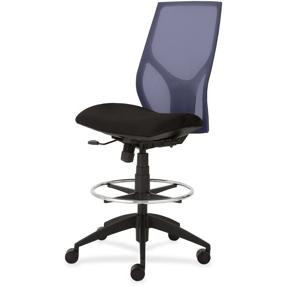 NTF1468Y100M601 - Vault Mid-back Stool with no arms goes beyond the expected with features that let you personalize your comfort. Uncommon for a mesh back design, ratchet back-height adjustment lets you raise or lower the backrest from 23" to 25-1/2" for the greatest comfort. High-quality, woven tension mesh in blue conforms to your back, following every move with support, including the lumbar region. Seat slider adjusts the seat depth from 16" to 18-1/2" so you are just where you need to be. Other functions include upright tilt lock, 3:1 back-to-seat tilt ratio, center knob tension adjustment, pneumatic seat-height adjustment from 23" to 31" for use with worksurfaces up to 36" high and 360-degree swivel. High-resilient, molded foam seat features a waterfall seat front to promote circulation. 20" wide seat is upholstered in Onyx fabric. Durable, black nylon base with five casters offers long, trouble-free service. Weight capacity is 300 lb.