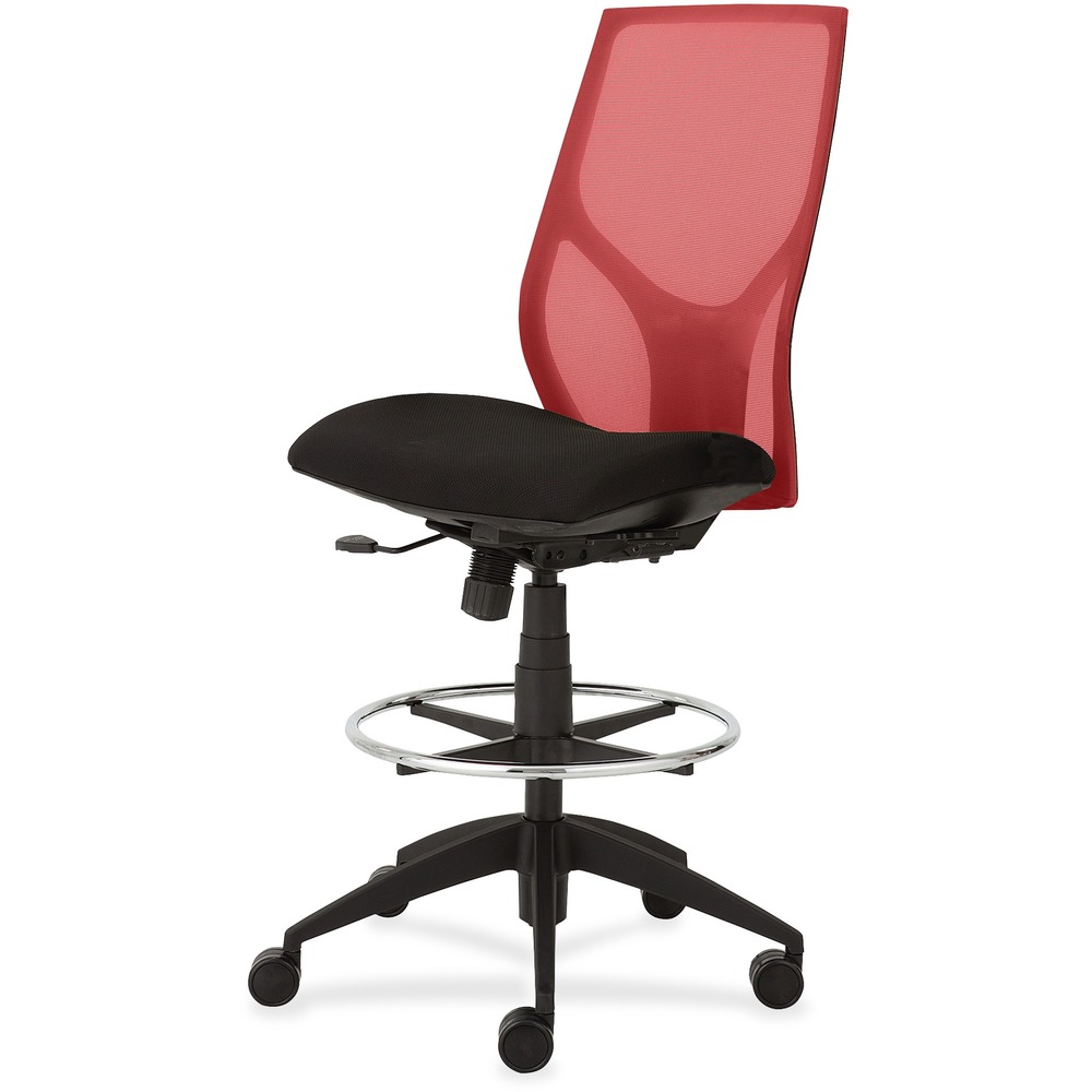 NTF1468Y100M501 - Vault Mid-back Stool with no arms goes beyond the expected with features that let you personalize your comfort. Uncommon for a mesh back design, ratchet back-height adjustment lets you raise or lower the backrest from 23" to 25-1/2" for the greatest comfort. High-quality, woven tension mesh in red conforms to your back, following every move with support, including the lumbar region. Seat slider adjusts the seat depth from 16" to 18-1/2" so you are just where you need to be. Other functions include upright tilt lock, 3:1 back-to-seat tilt ratio, center knob tension adjustment, pneumatic seat-height adjustment from 23" to 31" for use with worksurfaces up to 36" high and 360-degree swivel. High-resilient, molded foam seat features a waterfall seat front to promote circulation. 20" wide seat is upholstered in Onyx fabric. Durable, black nylon base with five casters offers long, trouble-free service. Weight capacity is 300 lb.