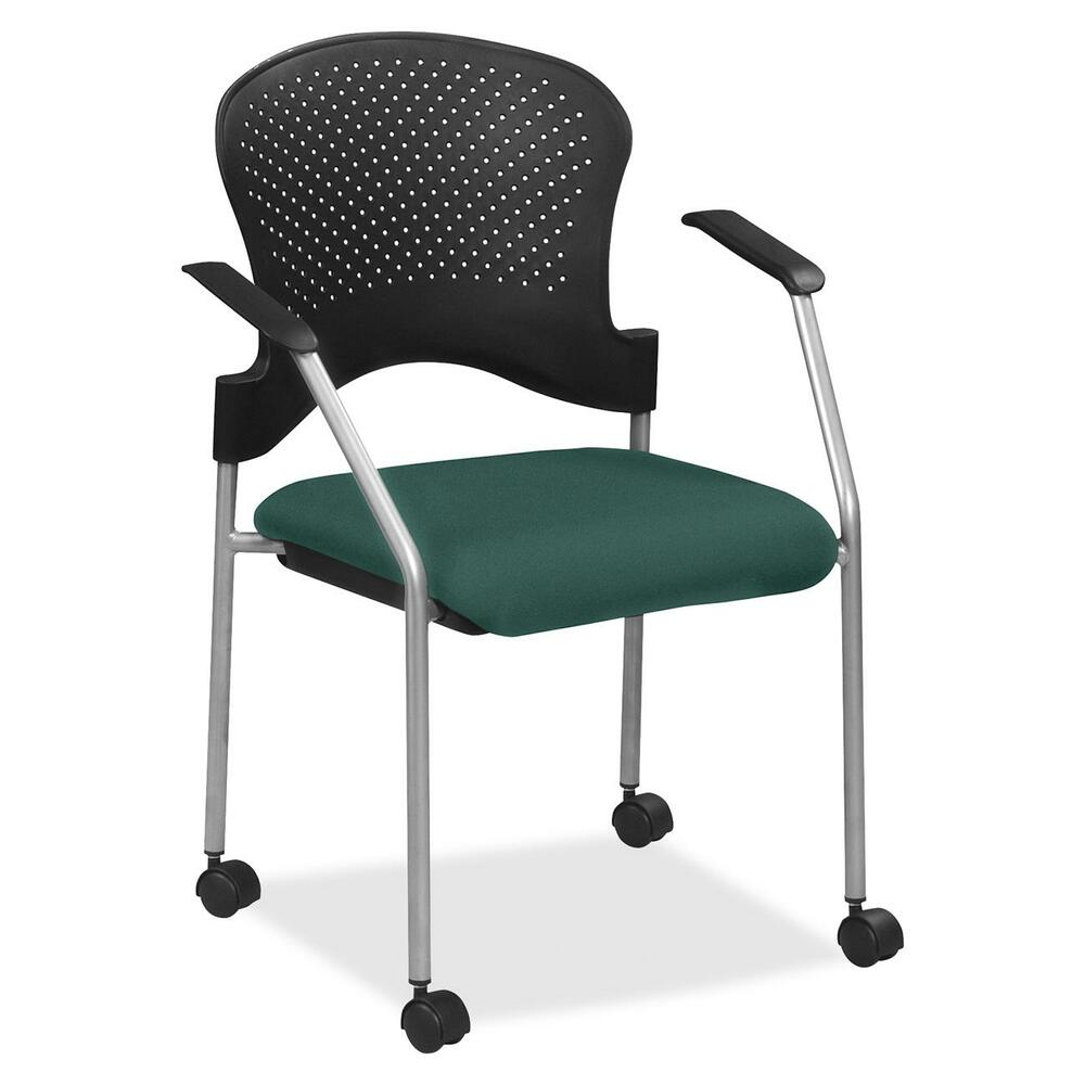 EUTFS827042 - Breeze Side Chair features a contemporary design, adding a modern touch to training rooms, boardrooms and more. Contoured back supports better posture for comfortable sitting during long periods. Fabric-upholstered, cushioned seat covers are made with soft-to-the-touch fabric, providing enhanced comfort. Armrests allow you to sit in a relaxed position. Powder-coated, steel tubing creates sturdy support and protects legs from chipping. Perforated back allows air to flow freely to help you stay cool. Included casters provide easy mobility.