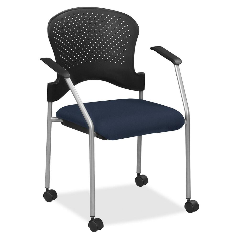 EUTFS827043 - Breeze Side Chair features a contemporary design, adding a modern touch to training rooms, boardrooms and more. Contoured back supports better posture for comfortable sitting during long periods. Fabric-upholstered, cushioned seat covers are made with soft-to-the-touch fabric, providing enhanced comfort. Armrests allow you to sit in a relaxed position. Powder-coated, steel tubing creates sturdy support and protects legs from chipping. Perforated back allows air to flow freely to help you stay cool. Included casters provide easy mobility.