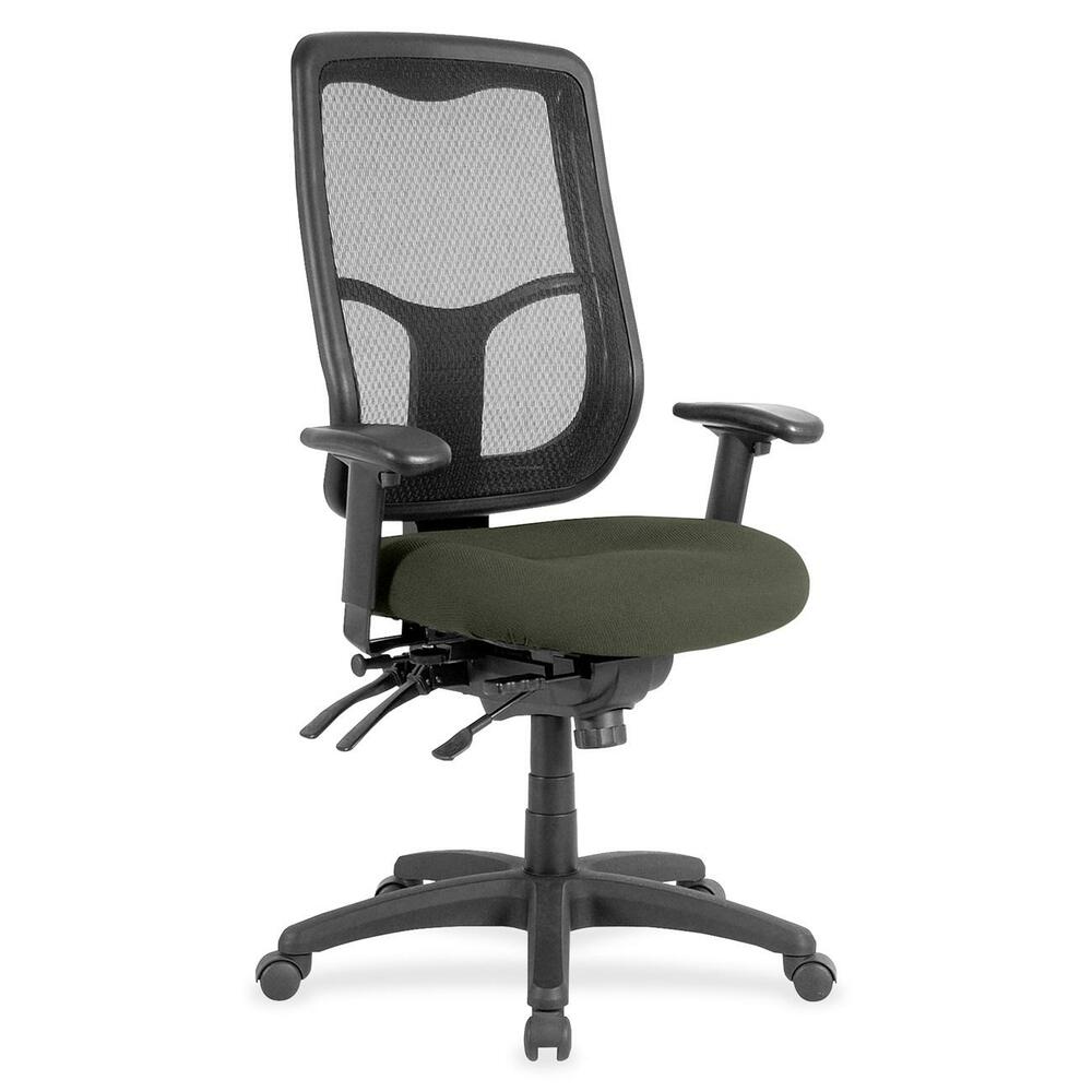 EUTMFH9SL67 - Apollo High Back Multifunction Chair features a ratchet back that moves up or down relative to the seat for lumbar support and comfort. Set back at an angle for personalized comfort in reclined position. Seat-height adjustment lets you position the seat height relative to the floor. Adjust tension to rock back and forth. Seat depth slides relative to back for ultimate, customized seating. Fabric-upholstered, padded, waterfall seat with sloping front reduces pressure on the back of the knees. Tilt-tension control with tilt lock allows you to adjust the recline rate based on your weight. Tilt seat forward to change the seat angle for a comfortable position when you're using a keyboard. Depth-adjustable arms slide forward or backward for proper ergonomic positioning. Arm-height adjustment adjusts arm up or down while arm pads angle in or out. Nylon, five-star base features casters for easy mobility. Chair is Greenguard certified to have low chemical emissions.