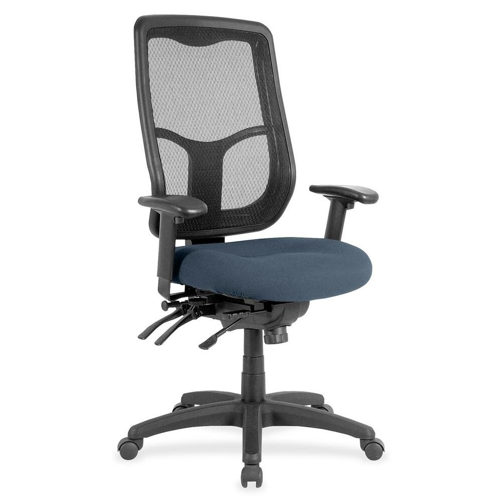 EUTMFH9SL84 - Apollo High Back Multifunction Chair features a ratchet back that moves up or down relative to the seat for lumbar support and comfort. Set back at an angle for personalized comfort in reclined position. Seat-height adjustment lets you position the seat height relative to the floor. Adjust tension to rock back and forth. Seat depth slides relative to back for ultimate, customized seating. Fabric-upholstered, padded, waterfall seat with sloping front reduces pressure on the back of the knees. Tilt-tension control with tilt lock allows you to adjust the recline rate based on your weight. Tilt seat forward to change the seat angle for a comfortable position when you're using a keyboard. Depth-adjustable arms slide forward or backward for proper ergonomic positioning. Arm-height adjustment adjusts arm up or down while arm pads angle in or out. Nylon, five-star base features casters for easy mobility. Chair is Greenguard certified to have low chemical emissions.