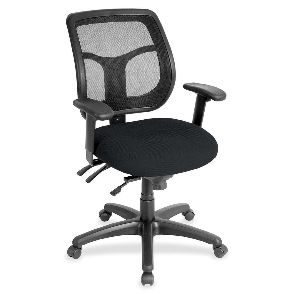 EUTMFT94549 - Apollo Multifunction Task Chair features a ratchet back that moves up or down relative to the seat for lumbar support and comfort. Mesh back provides enhances airflow for breathability. Set back at an angle for personalized comfort in reclined position. Seat-height adjustment lets you position the seat height relative to the floor. Chair rocks back and forth with adjustable, center-tilt mechanism. Fabric-upholstered, padded waterfall seat with sloping front reduces pressure on the back of the knees. Tilt-tension control with tilt lock allows you to adjust the recline rate based on your weight. Seat tilts forward to change the angle for a comfortable position when you're using a keyboard. Arm-height adjustment adjusts arm up or down while arm pads angle in or out. Nylon, five-star base features casters for easy mobility. Chair is Greenguard certified to have low chemical emissions.