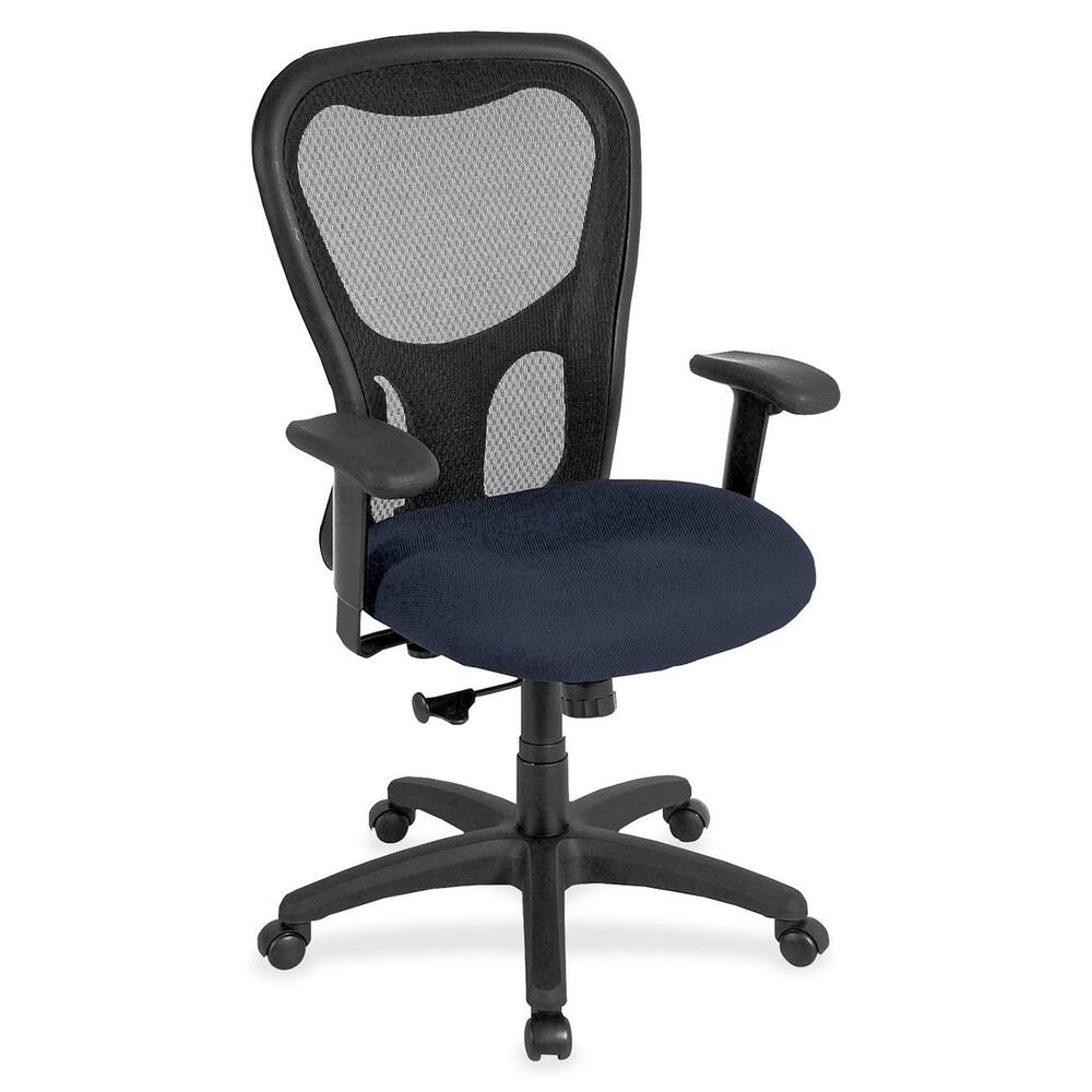 EUTMM950001 - Apollo Synchro High Back Chair combines comfort, adjustability and quality for seating well-suited for long hours at the office. Breathable, black mesh back conforms to your back for the right amount of support. Fabric-upholstered, cushioned seat is comfortably contoured. Padded waterfall seat with sloping front reduces pressure on the back of the knees. Tilt-tension control recline rate adapts to weight of user. Tilt lock locks out tilt function. Synchro-tilt back reclines in a preset ratio to seat. Seat-height adjustment sets seat height from 18.9" to 22.4" for your preferred position relative to floor. Width-adjustable arms adjust arms in or out for proper ergonomic positioning. Arm-height adjustment adjusts arm up or down for proper ergonomic positioning while seated. Chair also features casters on the black nylon, five-star base for easy mobility. Chair is Greenguard certified to have low chemical emissions.