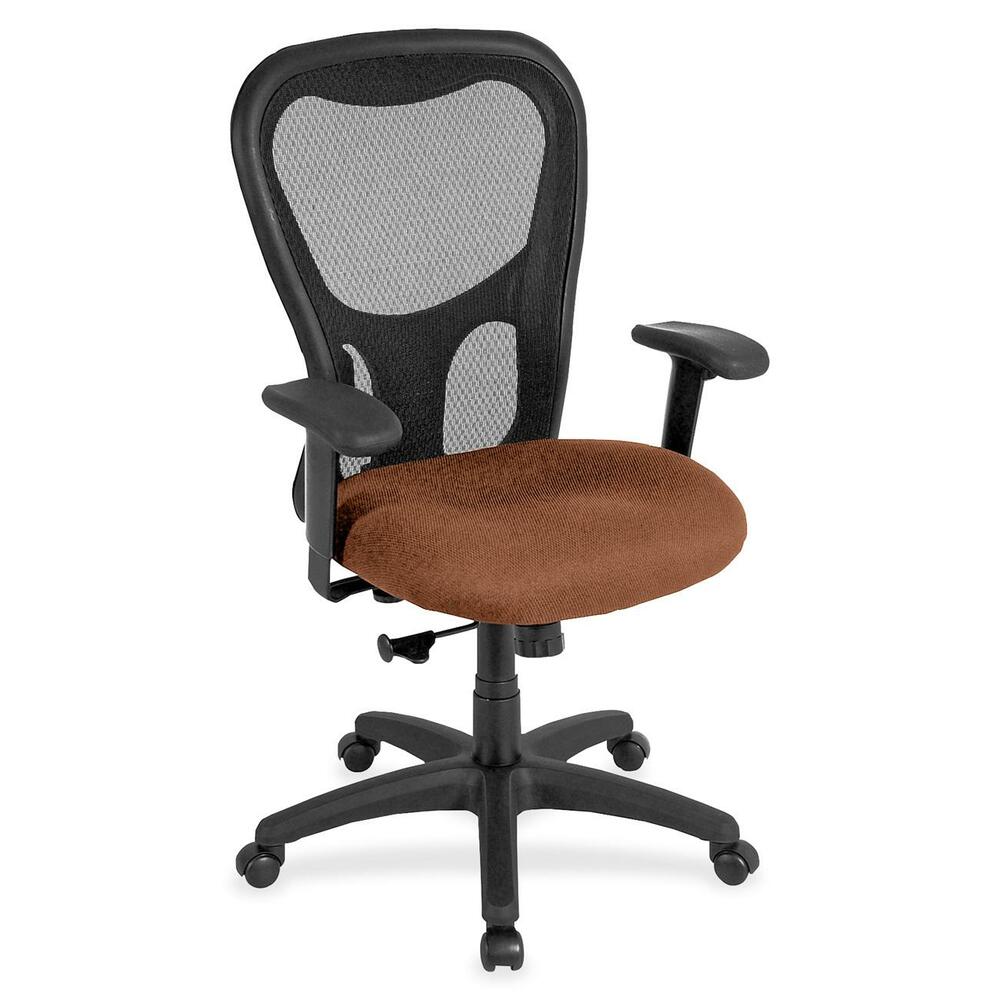 EUTMM950030 - Apollo Synchro High Back Chair combines comfort, adjustability and quality for seating well-suited for long hours at the office. Breathable, black mesh back conforms to your back for the right amount of support. Fabric-upholstered, cushioned seat is comfortably contoured. Padded waterfall seat with sloping front reduces pressure on the back of the knees. Tilt-tension control recline rate adapts to weight of user. Tilt lock locks out tilt function. Synchro-tilt back reclines in a preset ratio to seat. Seat-height adjustment sets seat height from 18.9" to 22.4" for your preferred position relative to floor. Width-adjustable arms adjust arms in or out for proper ergonomic positioning. Arm-height adjustment adjusts arm up or down for proper ergonomic positioning while seated. Chair also features casters on the black nylon, five-star base for easy mobility. Chair is Greenguard certified to have low chemical emissions.